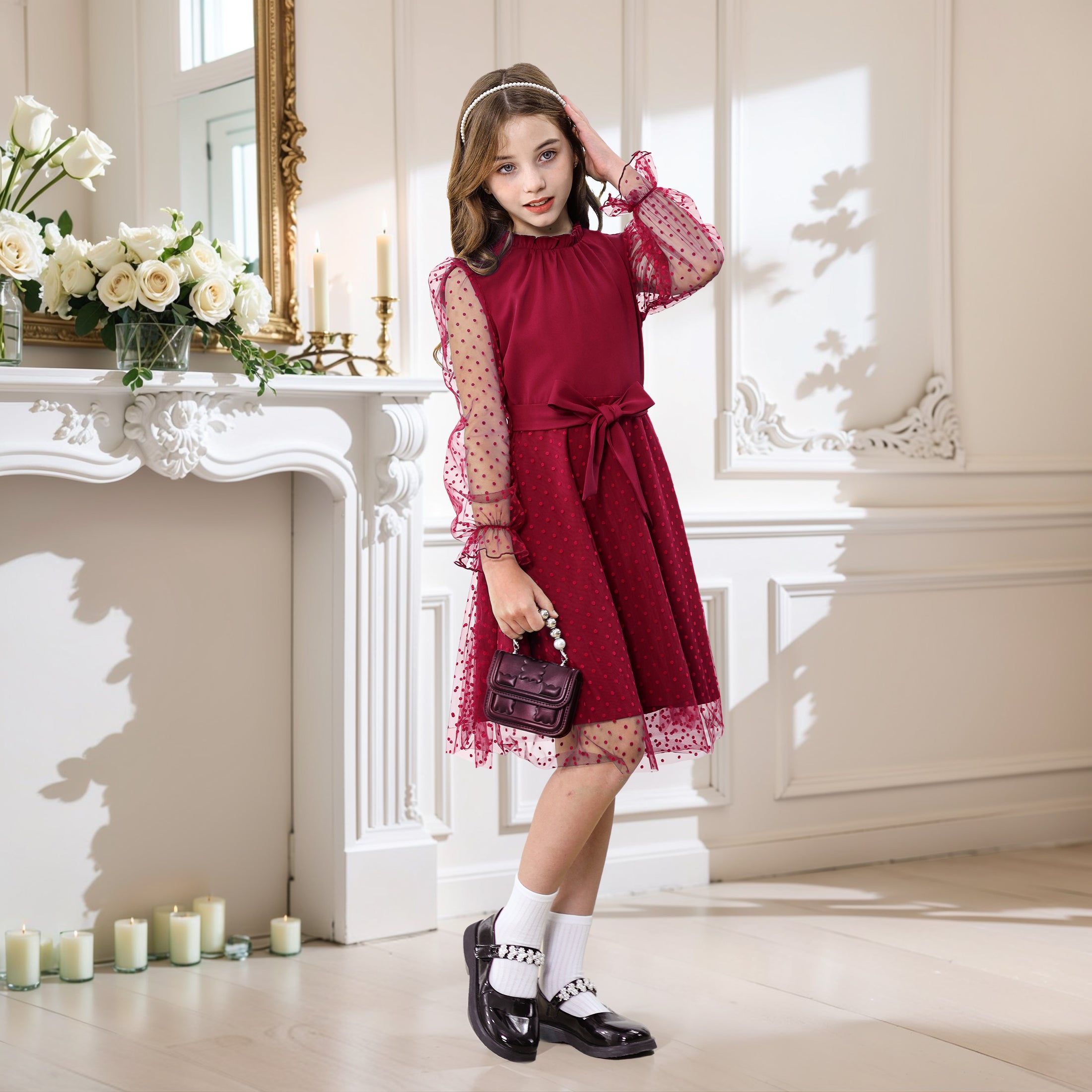 Rolanko Girls Contrast Mesh Puff Long Sleeve A-Line Dress with Belt