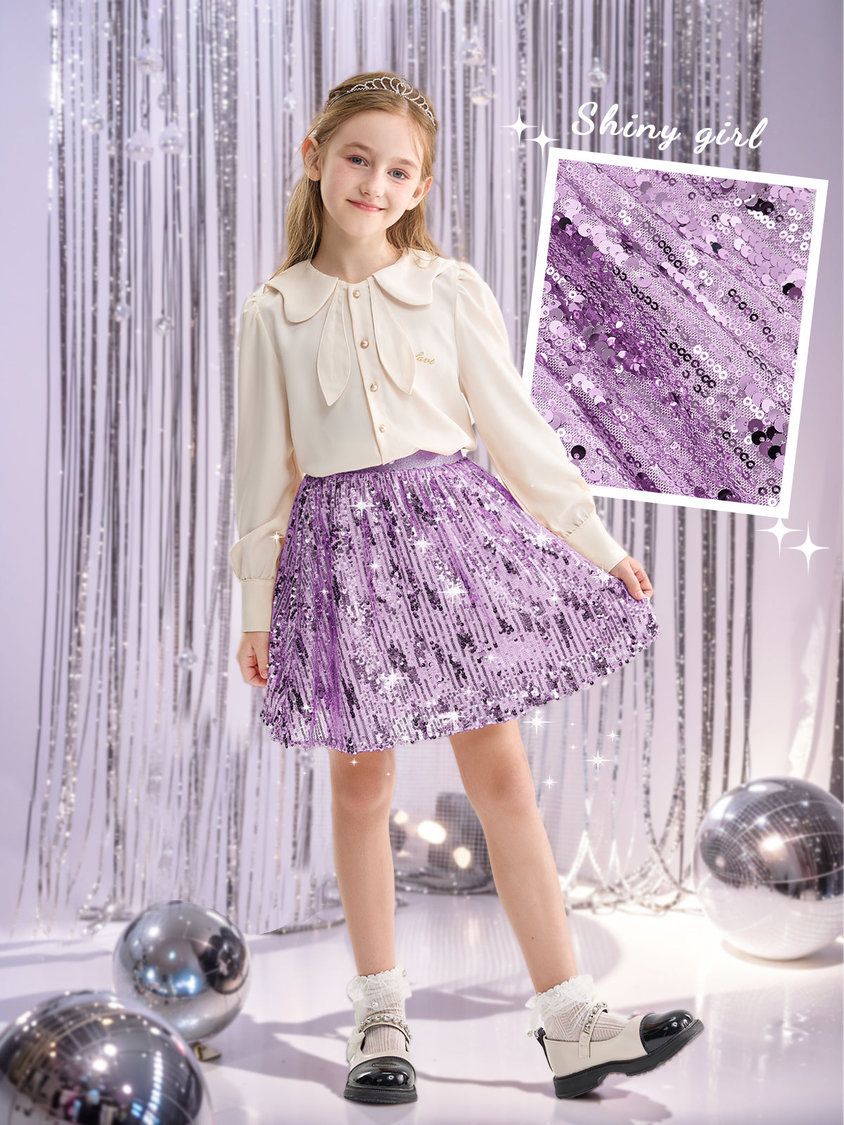 Rolanko Girls Sequin Elastic Waist Glitter Sparkly Skirt