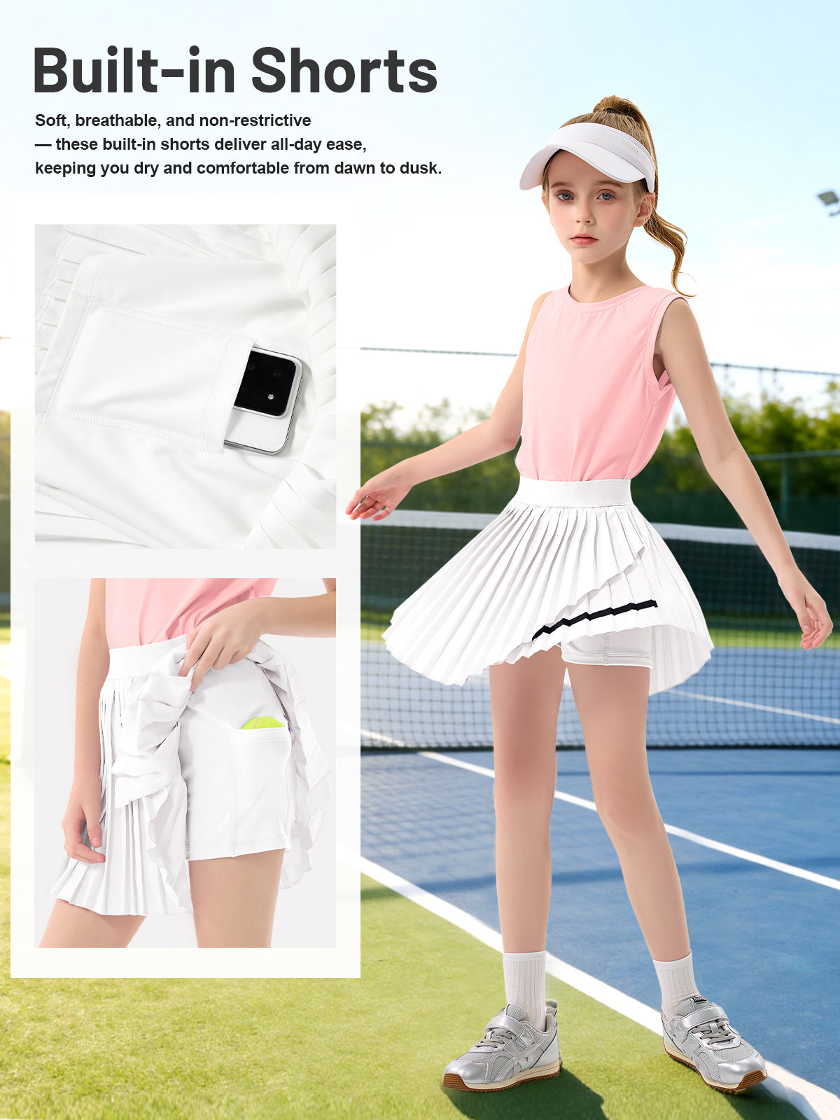 Rolanko Girls Tennis Skirt Set, UPF 50+ Tank Top & Pleated Skirt