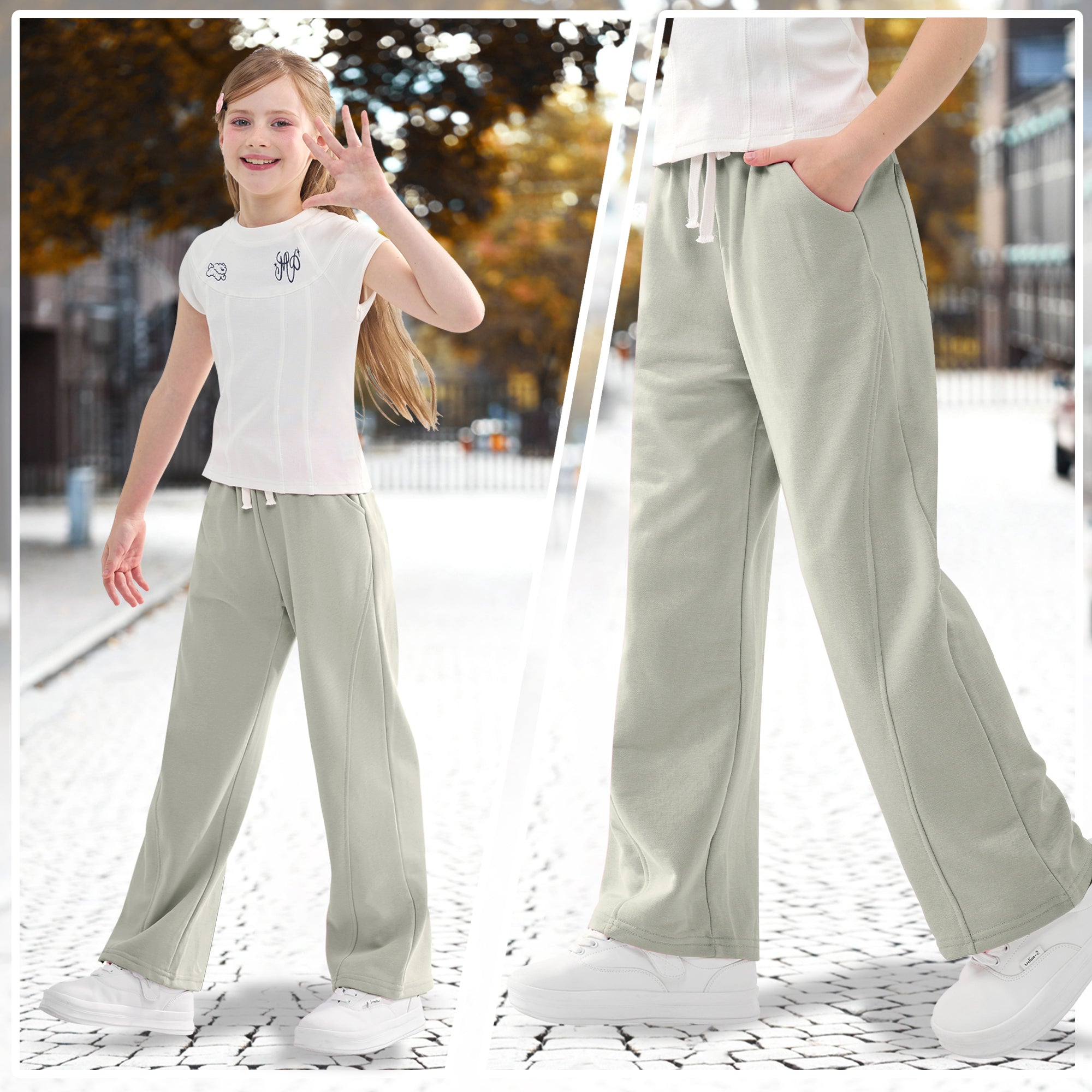 Girls Wide Leg Straight Sweatpants with Pockets