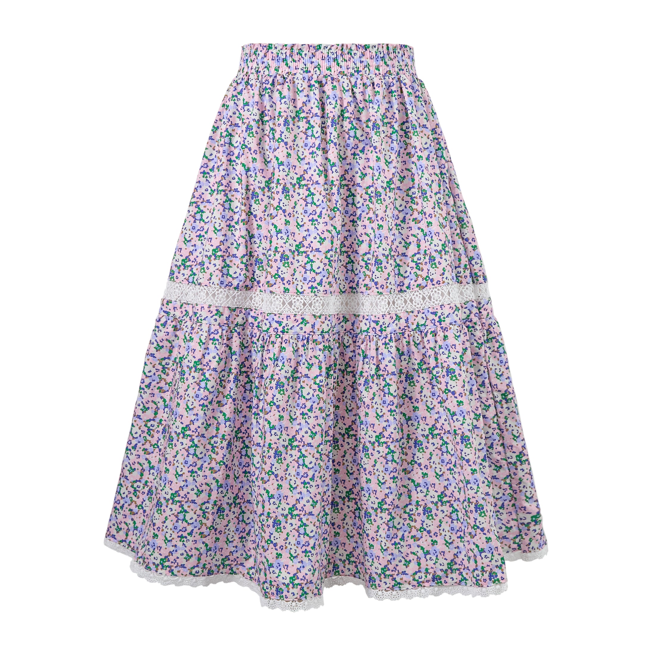 Rolanko Girls Floral Print A-Line High Waist Tiered Boho Maxi Skirt with Lace Trim