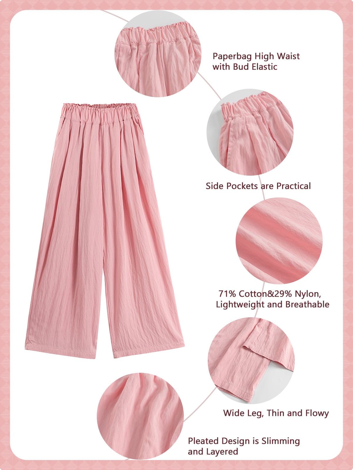 Rolanko Girls Wide Leg Pants Flowy Loose Fit Palazzo Pants for Girls Kids Linen Trousers Casual Beach
