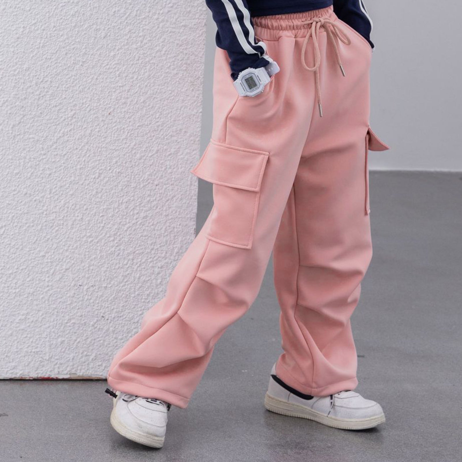 Girls Wide Leg Cargo Sweatpants with Pockets