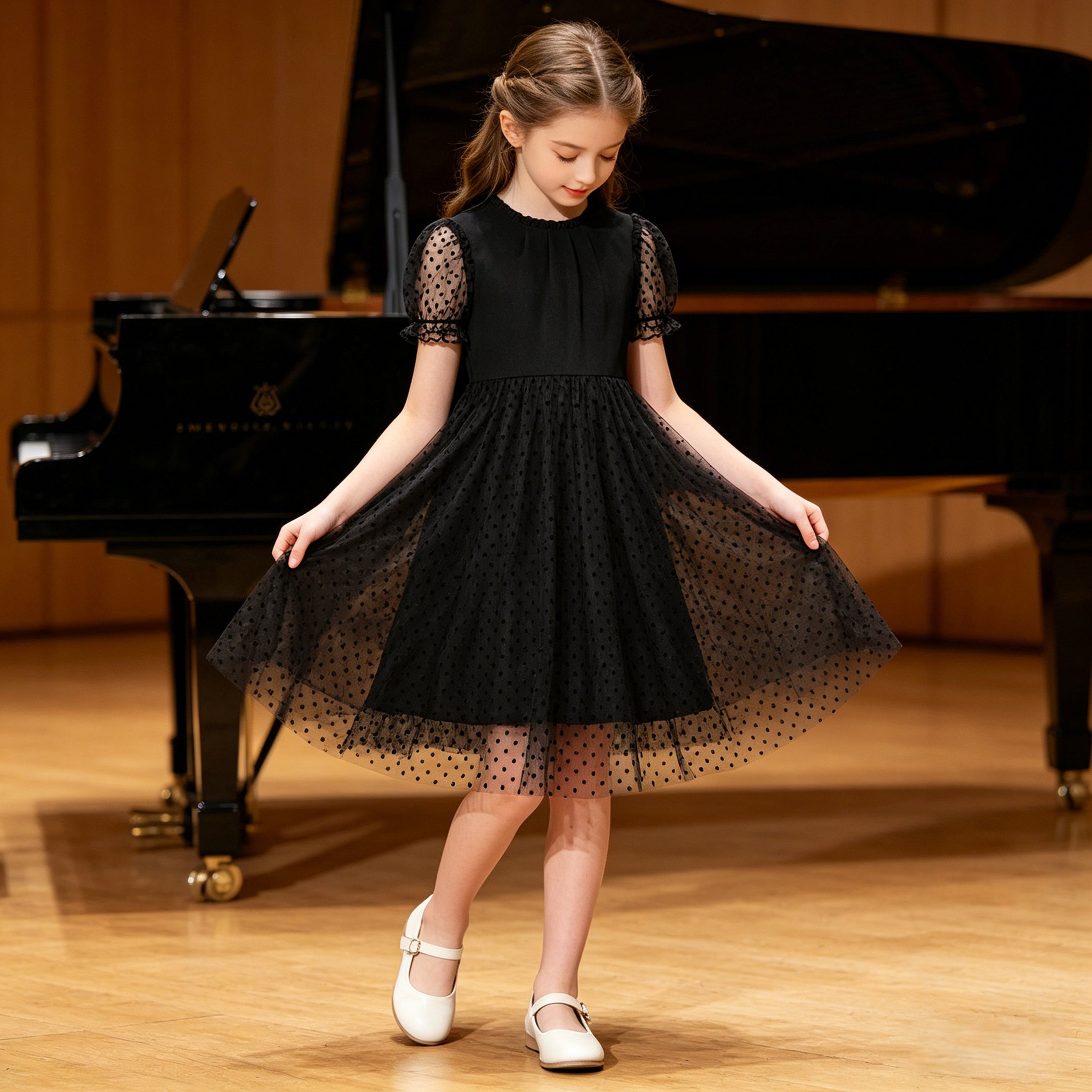 Rolanko Girls Contrast Mesh Ruffle Crew Neck Elegant Flower Wedding Prom Summer Dress