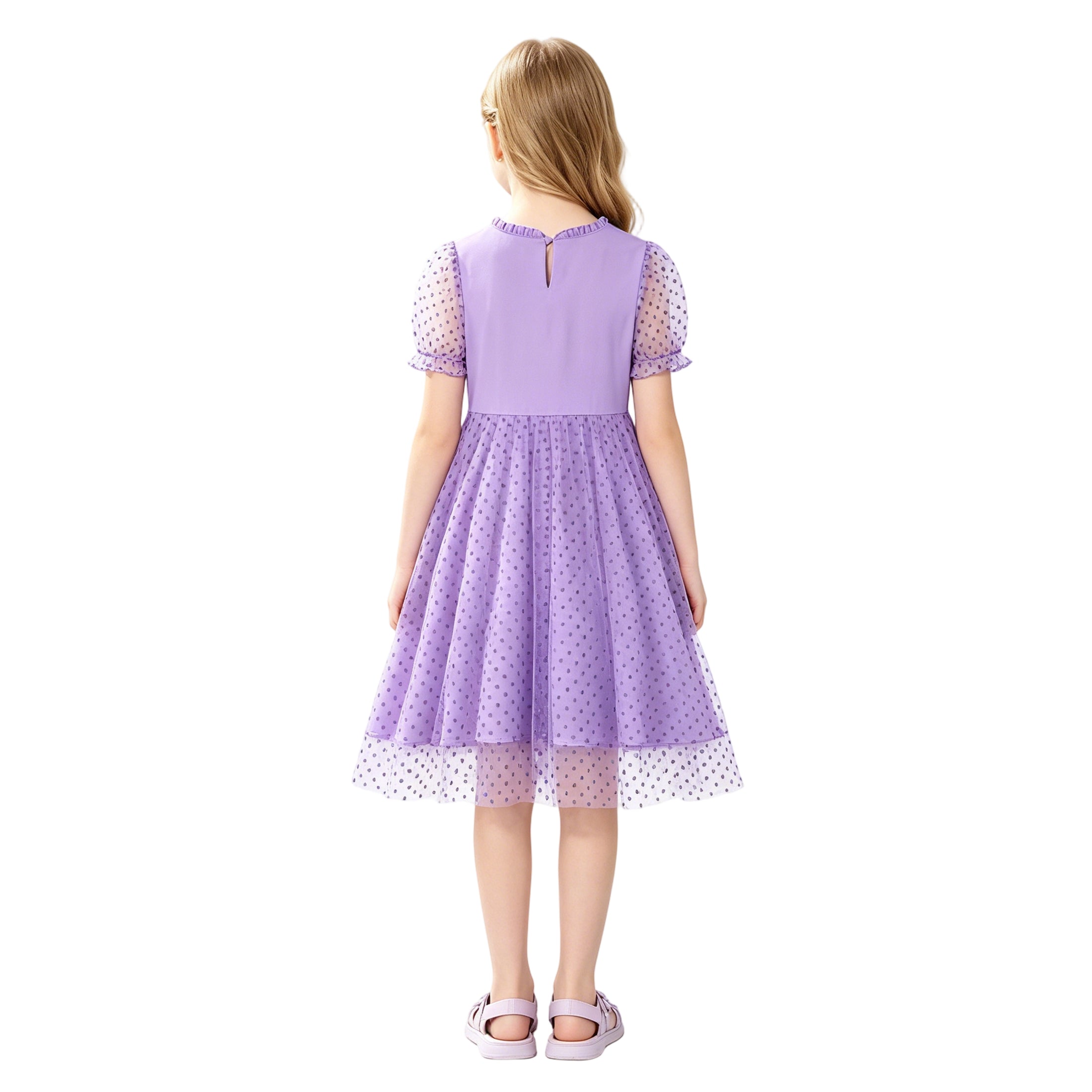 Rolanko Girls Contrast Mesh Ruffle Crew Neck Elegant Flower Wedding Prom Summer Dress