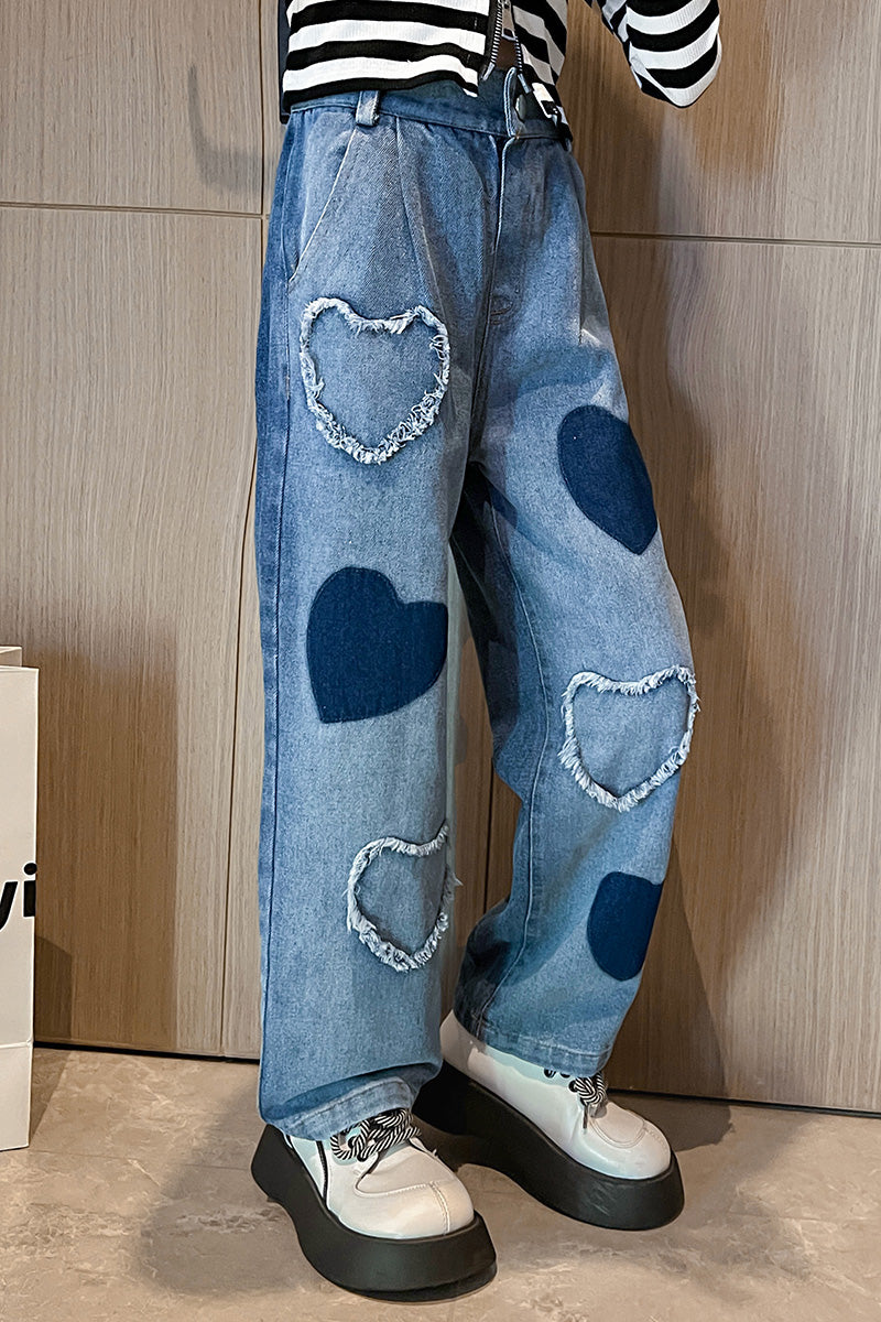 Girl's Fashion Heart Pattern Baggy Jeans