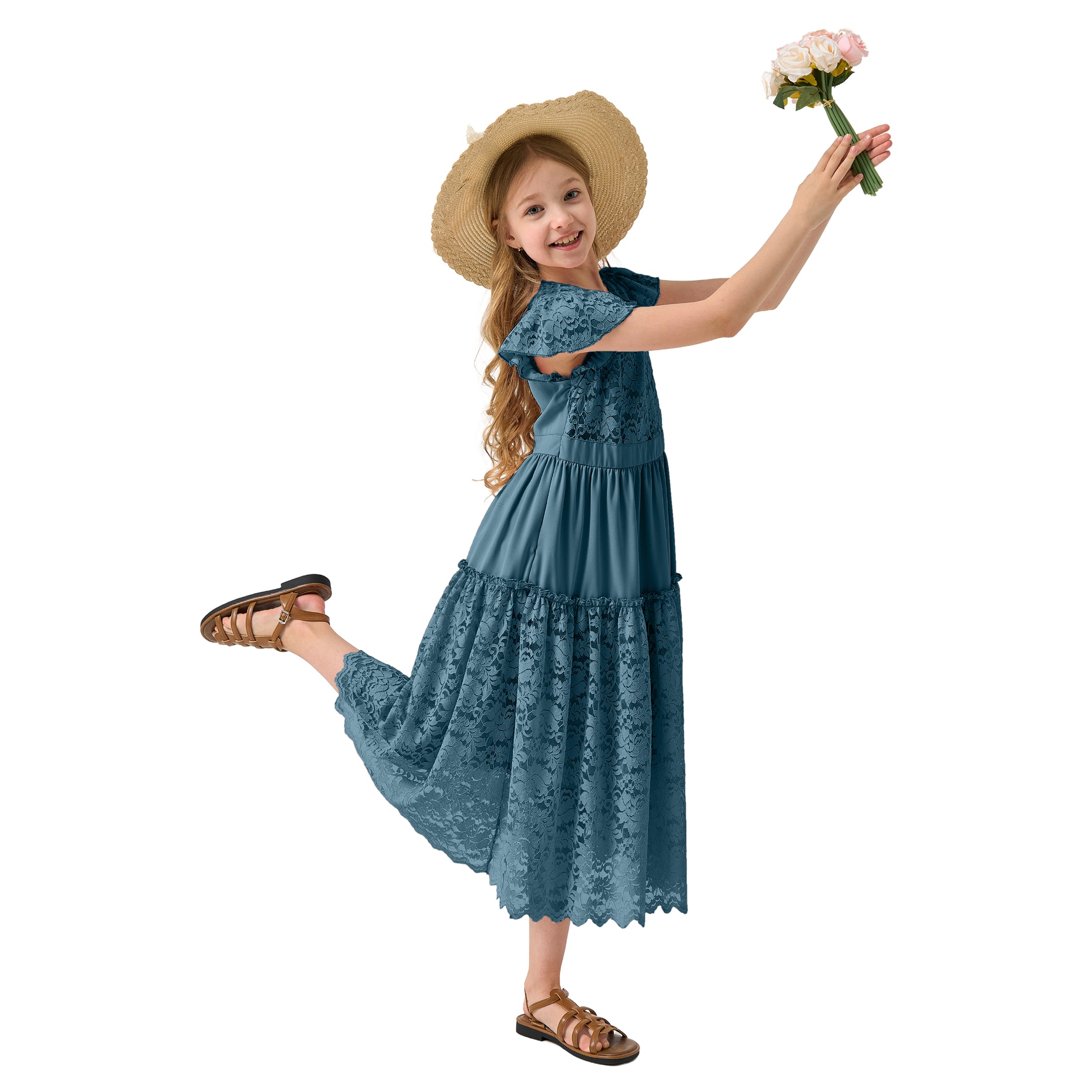 Rolanko Girls Boho Lace Ruffle Sleeve Tiered Flower Maxi Dress with Lining