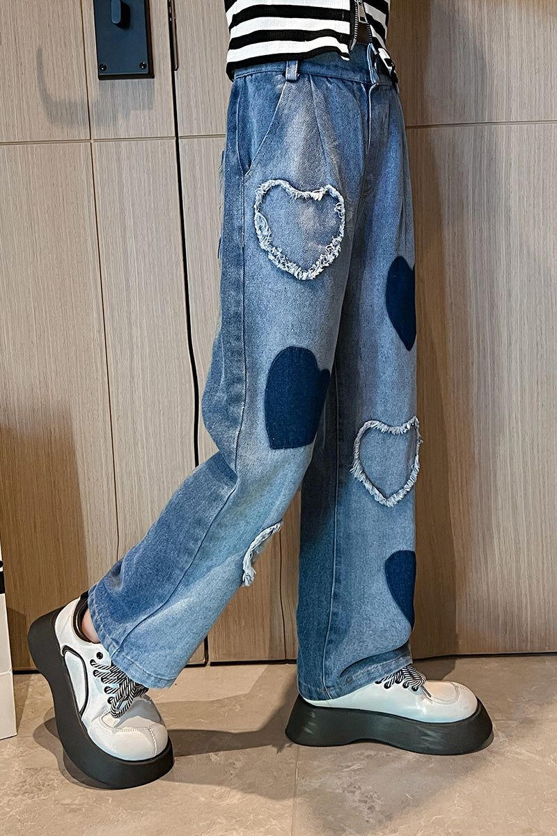 Girl's Fashion Heart Pattern Baggy Jeans