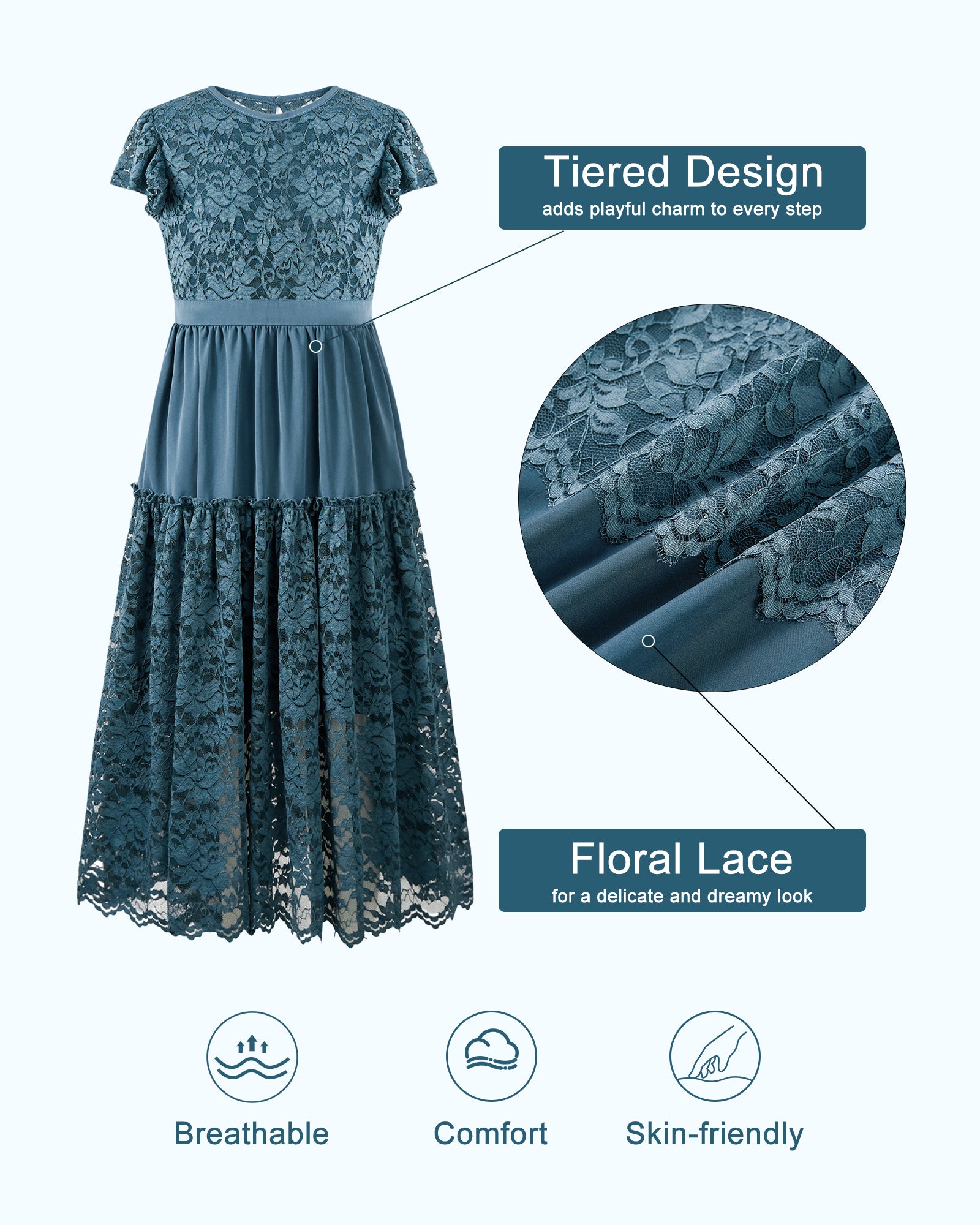 Rolanko Girls Boho Lace Ruffle Sleeve Tiered Flower Maxi Dress with Lining
