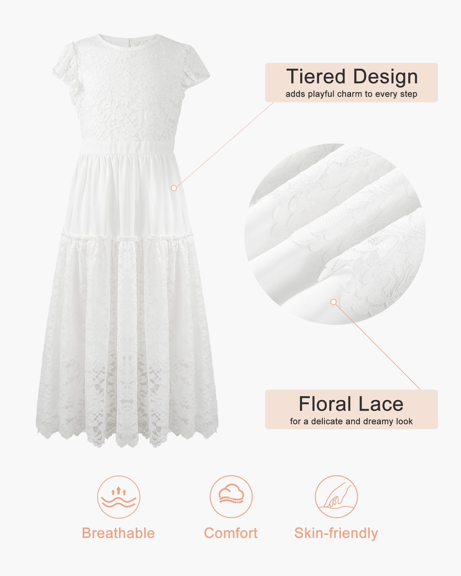 Rolanko Girls Boho Lace Ruffle Sleeve Tiered Flower Maxi Dress with Lining