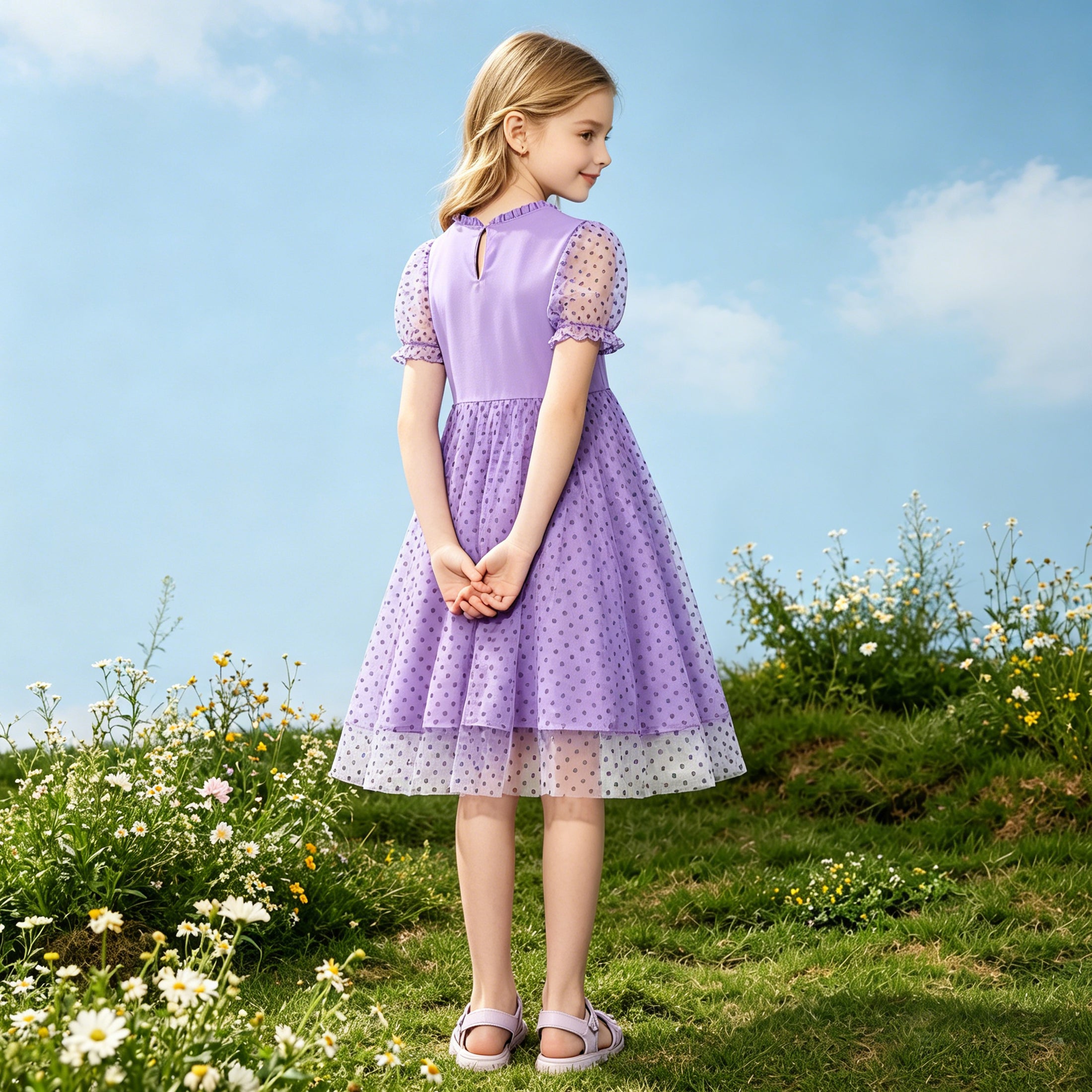 Rolanko Girls Contrast Mesh Ruffle Crew Neck Elegant Flower Wedding Prom Summer Dress