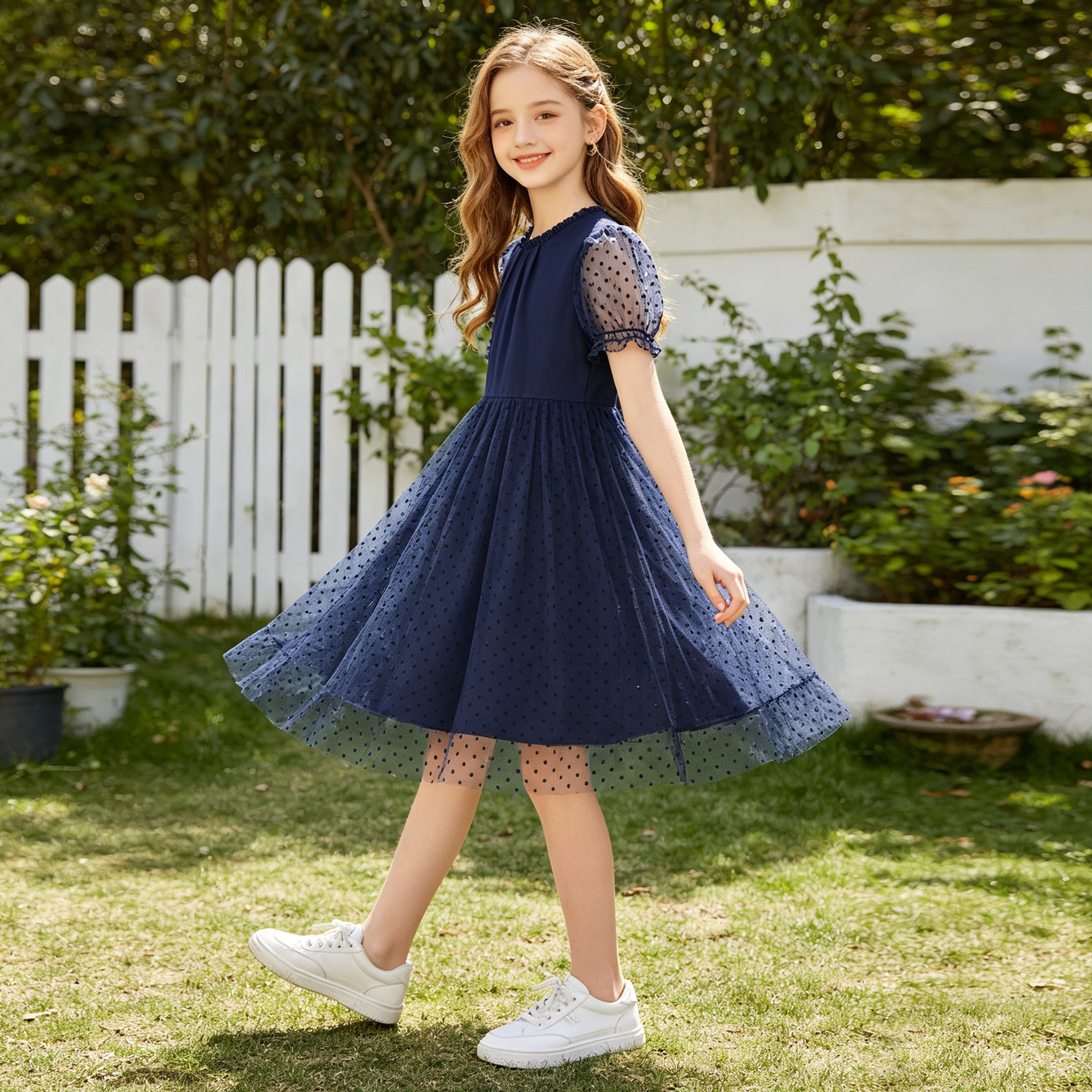 Rolanko Girls Contrast Mesh Ruffle Crew Neck Elegant Flower Wedding Prom Summer Dress