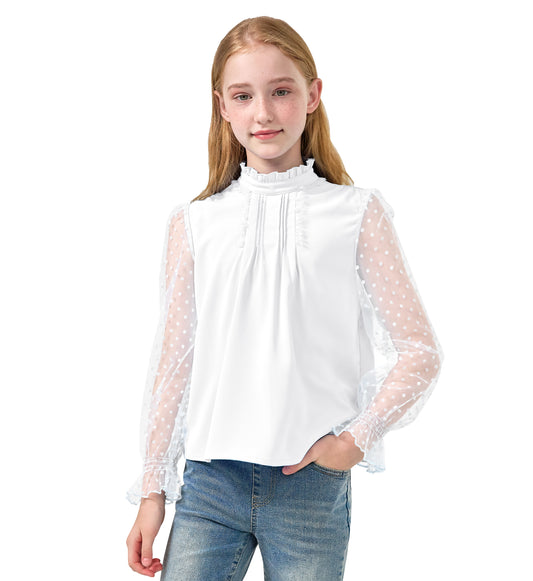 Girls Long Sleeve Shirts Chiffon Blouses with Polka Dot