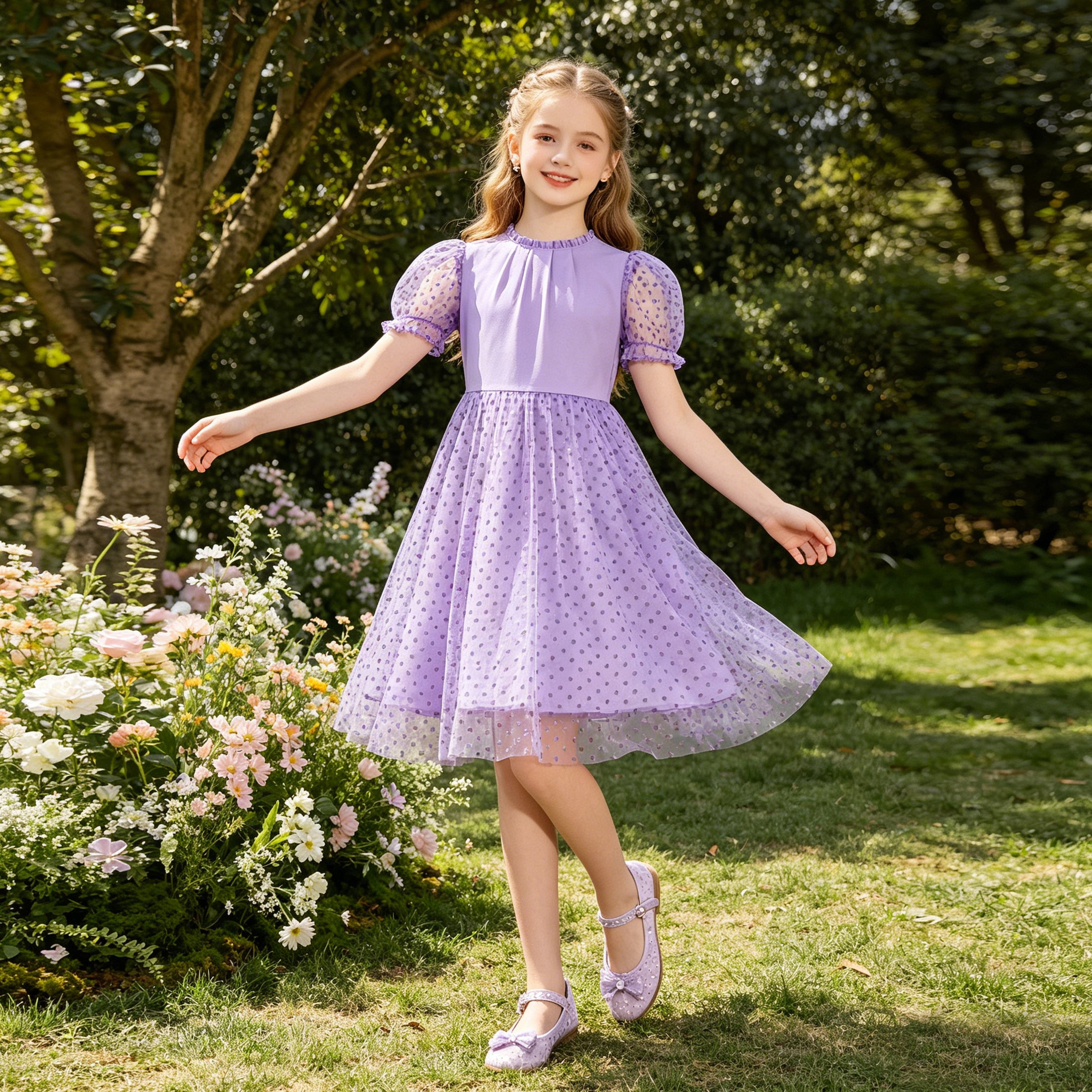 Rolanko Girls Contrast Mesh Ruffle Crew Neck Elegant Flower Wedding Prom Summer Dress
