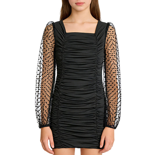 Long Sleeve Mesh Square Neck Fitted Dress