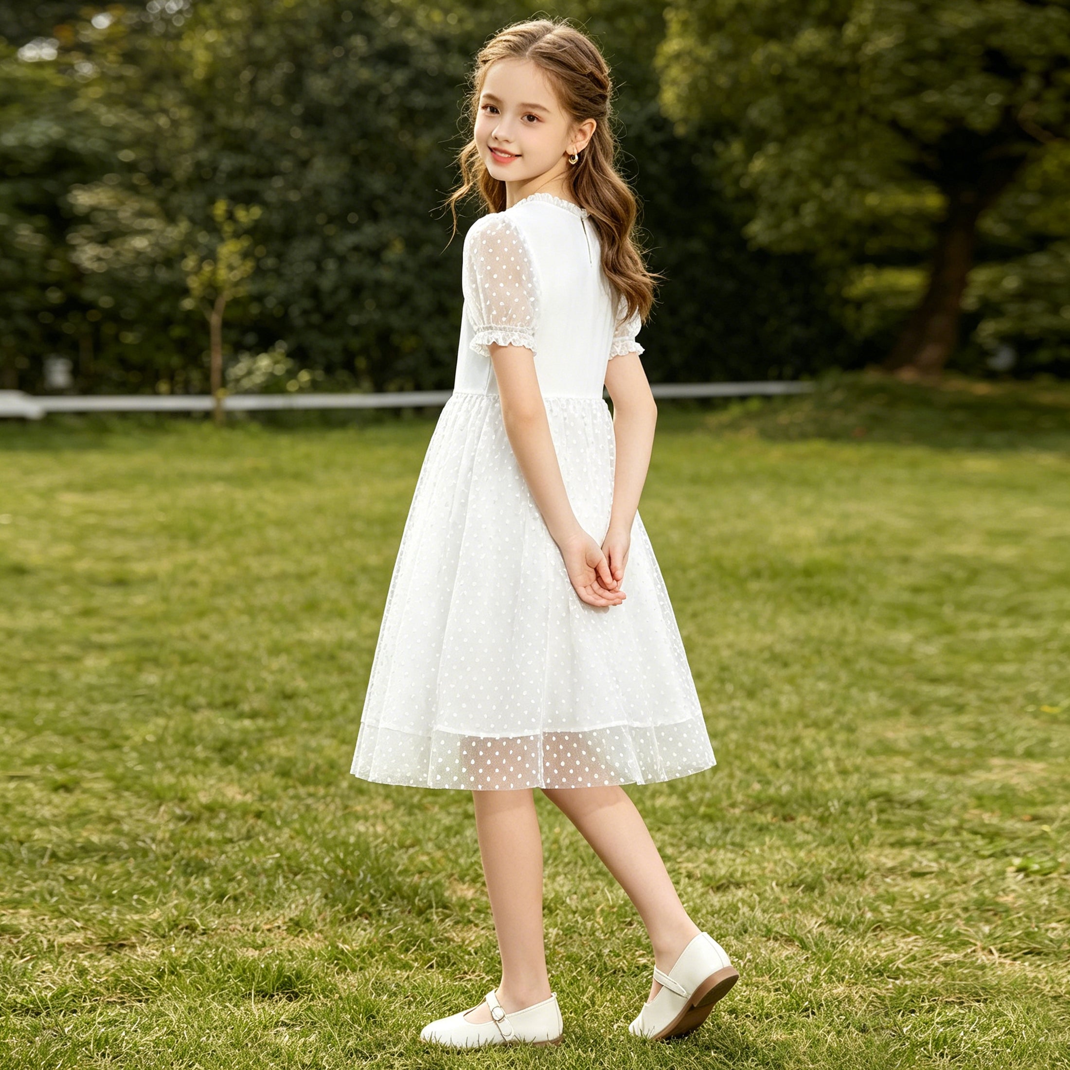 Rolanko Girls Contrast Mesh Ruffle Crew Neck Elegant Flower Wedding Prom Summer Dress