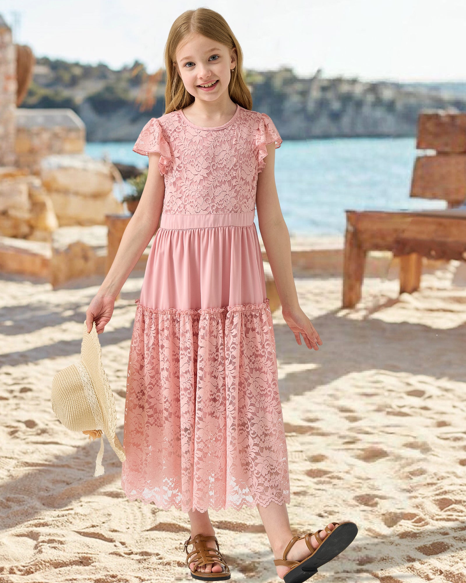 Rolanko Girls Boho Lace Ruffle Sleeve Tiered Flower Maxi Dress with Lining