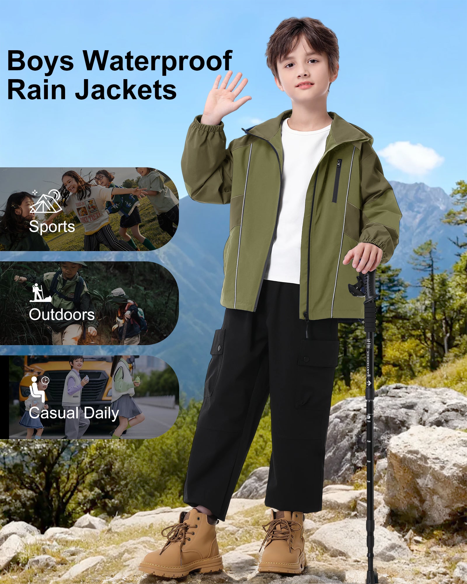 Boys Rain Jacket Waterproof Windbreaker