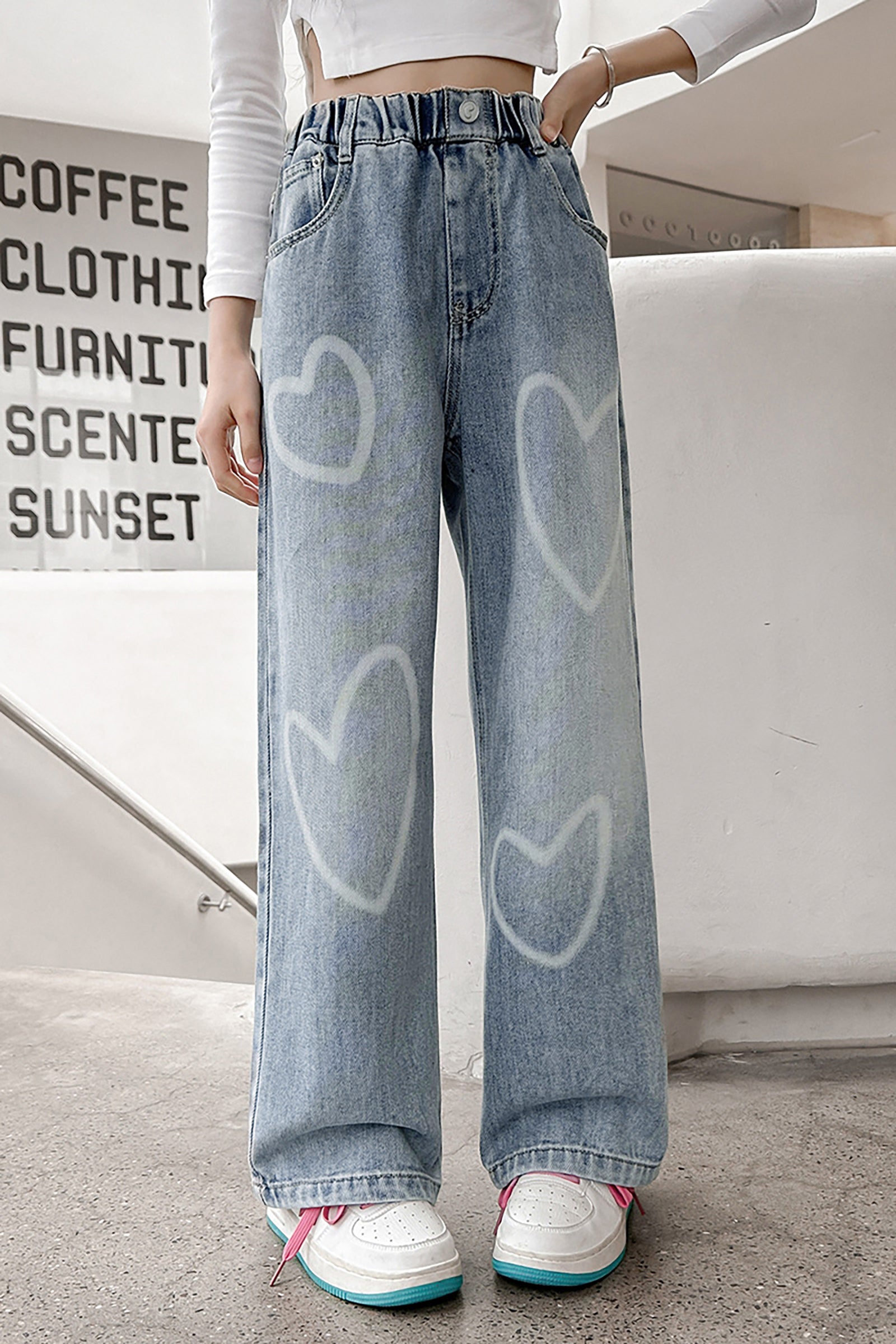 Girls Elastic Waist Blue Love Jeans