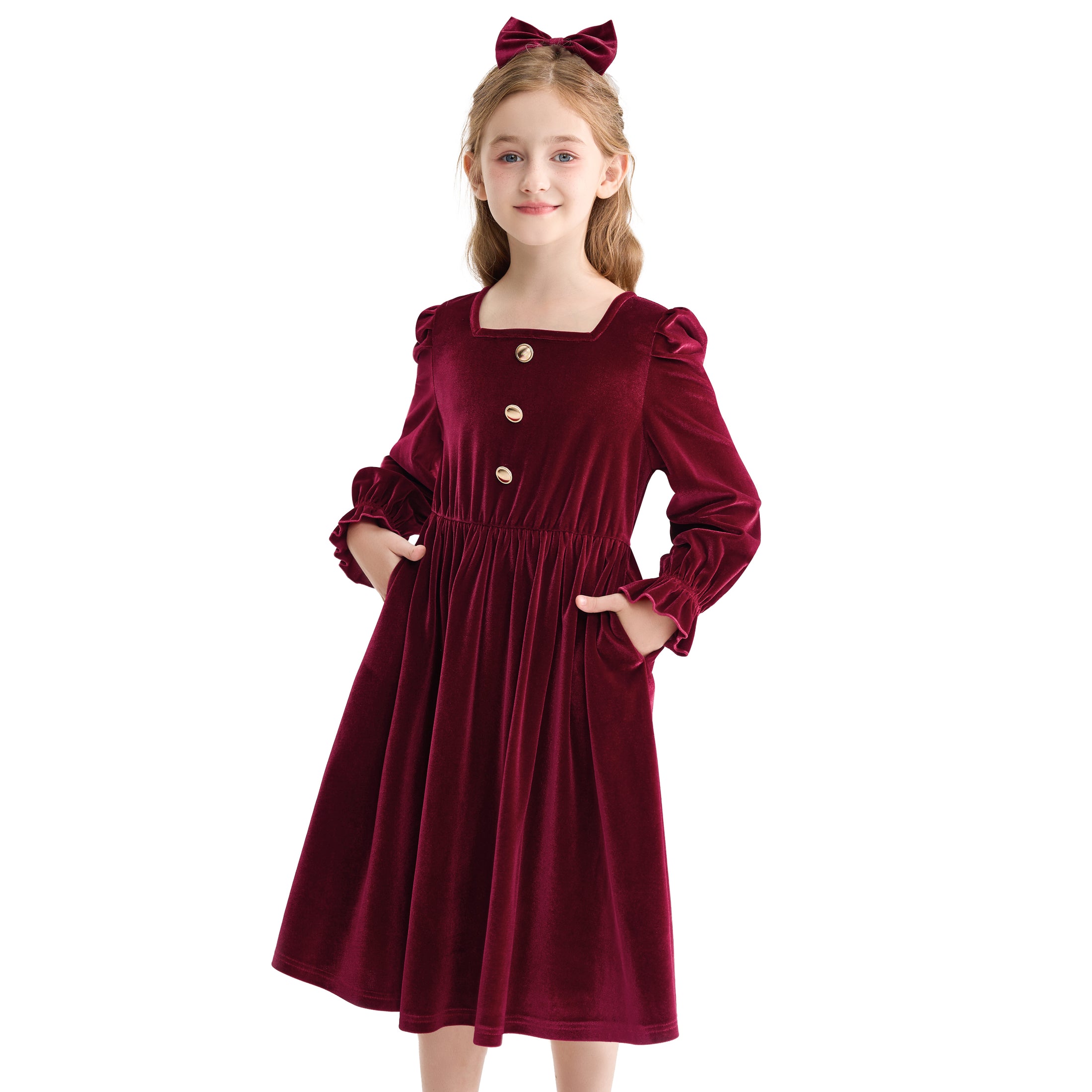 Rolanko Girls Velvet Dress Square Neck Long Sleeve Dress with Pockets