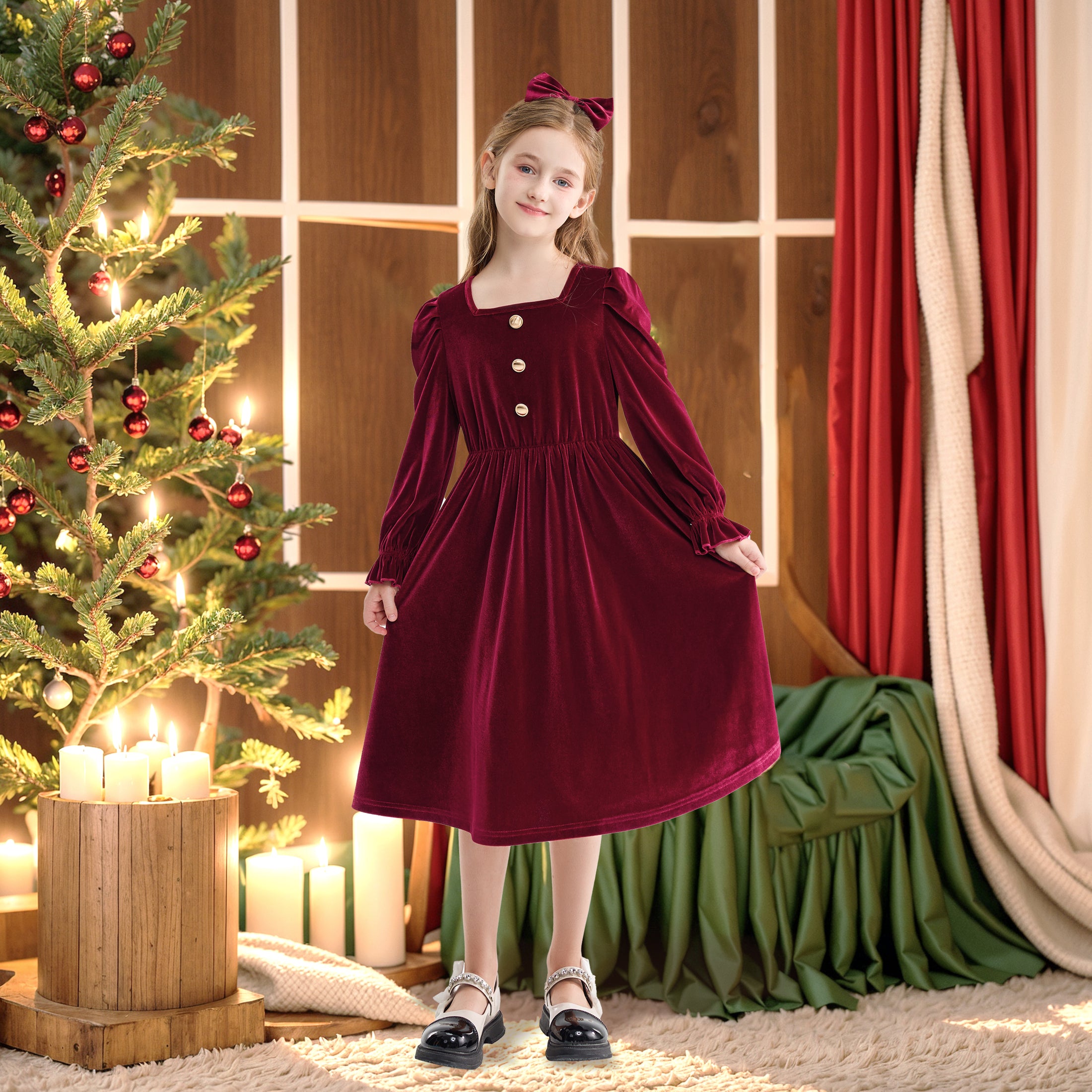 Rolanko Girls Velvet Dress Square Neck Long Sleeve Dress with Pockets