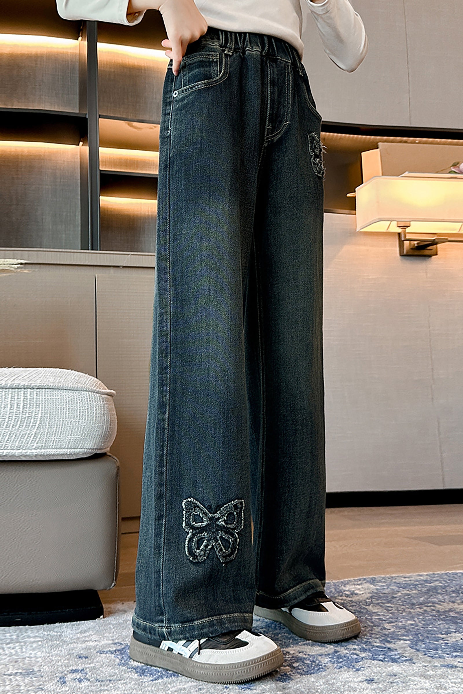 Girls Front Raw Edge Butterfly Wide Leg Jeans