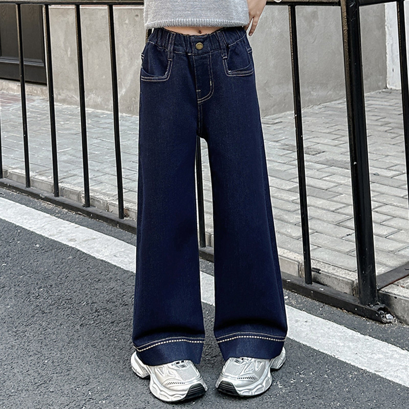 Girls Primary Color Topstitch Basic Denim Wide Leg Pants