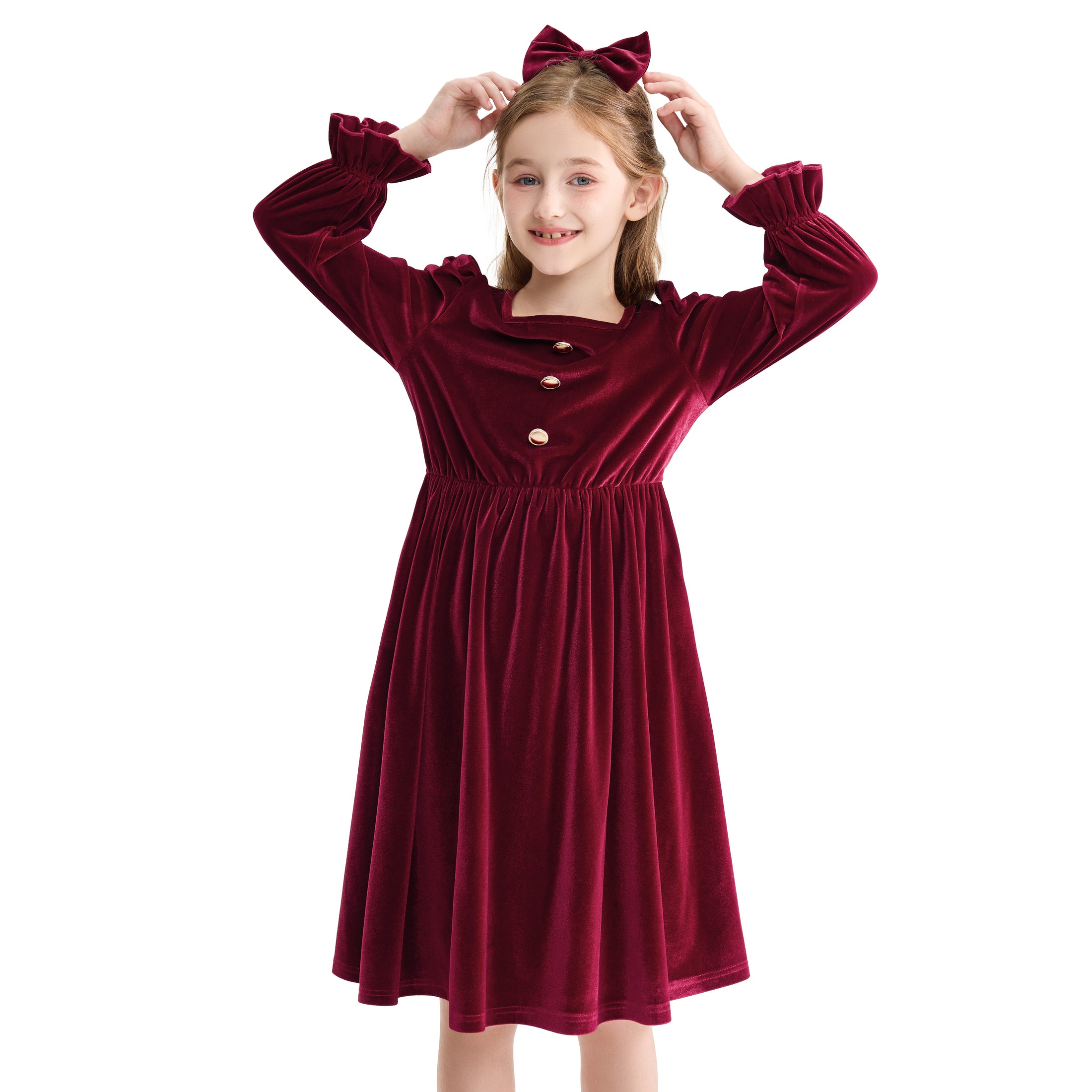 Rolanko Girls Velvet Dress Square Neck Long Sleeve Dress with Pockets