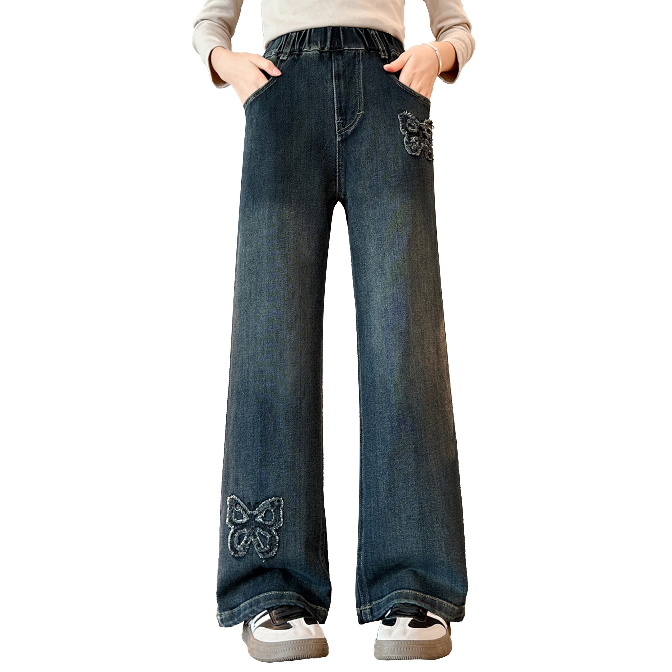 Girls Front Raw Edge Butterfly Wide Leg Jeans