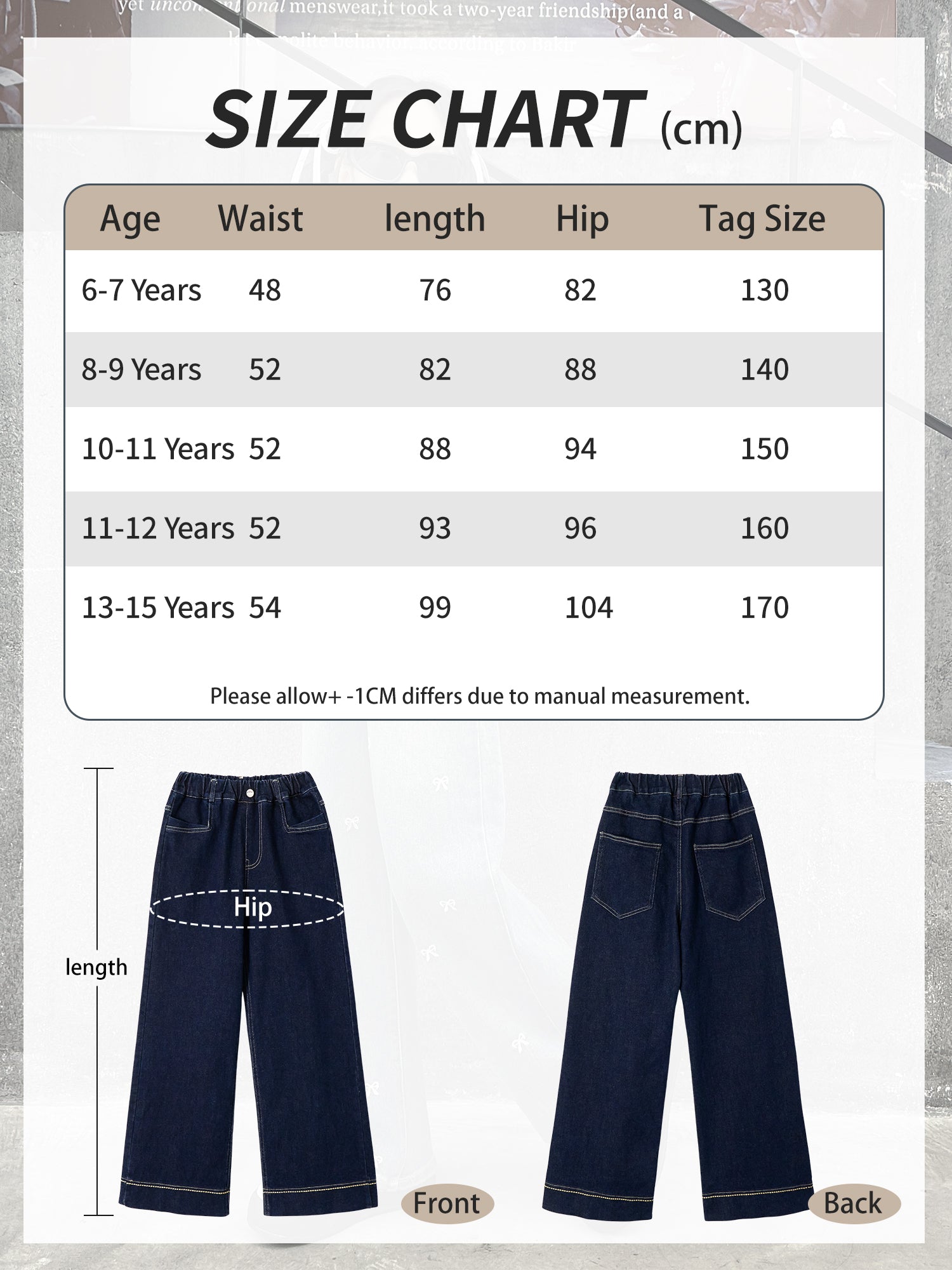 Girls Primary Color Topstitch Basic Denim Wide Leg Pants