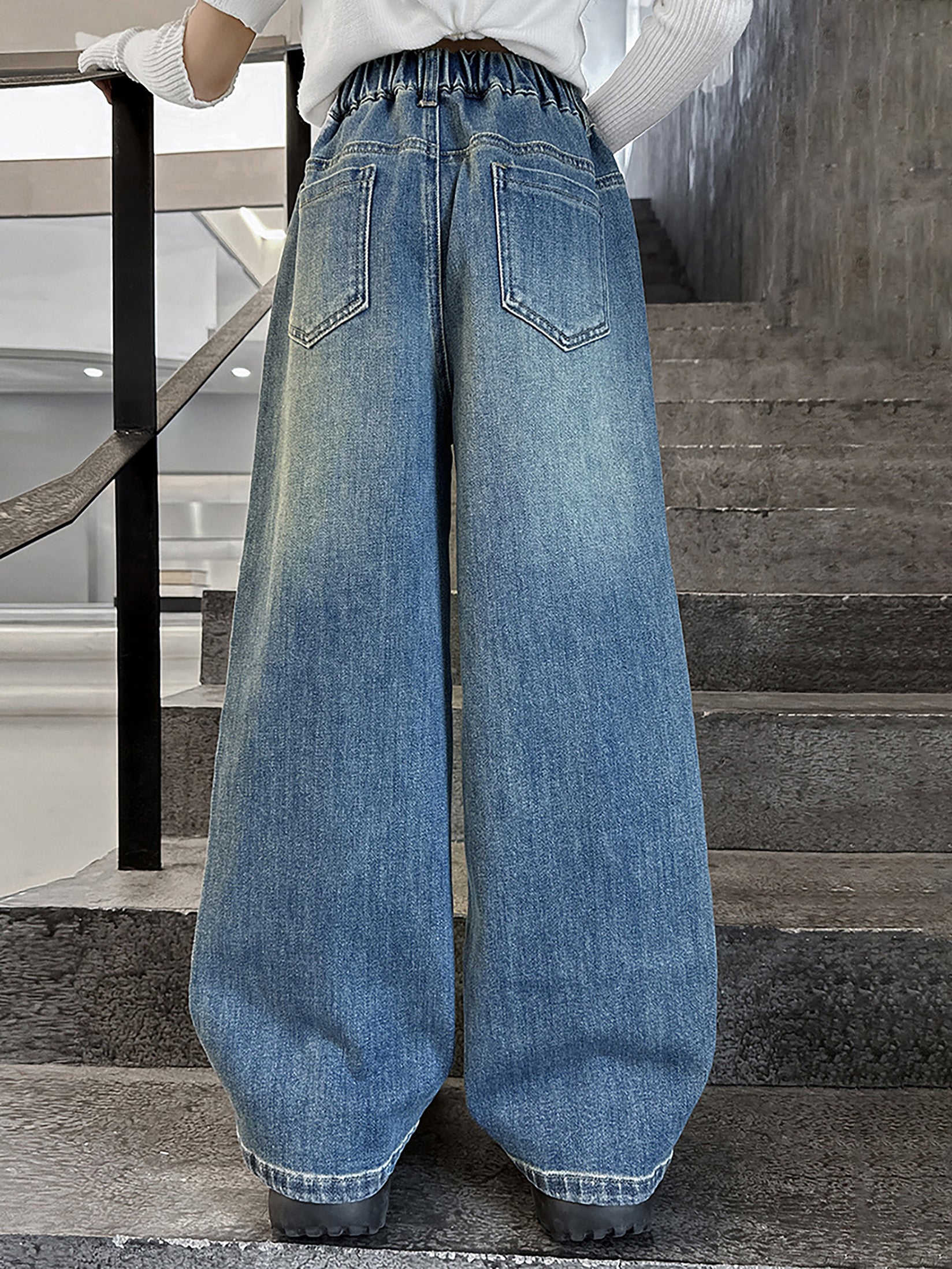 Girls Blue Side Bow Wide-Leg Jeans