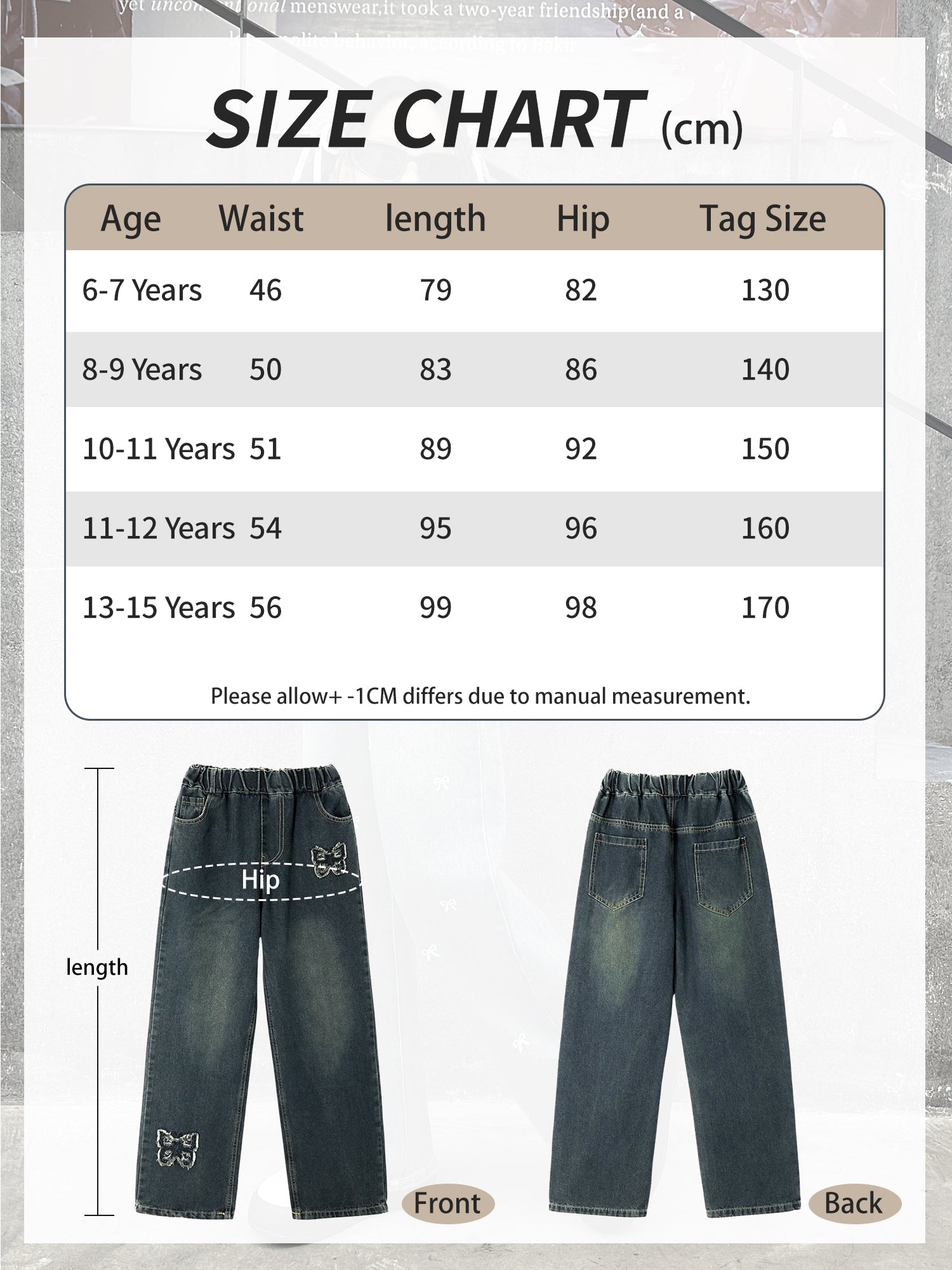 Girls Front Raw Edge Butterfly Wide Leg Jeans