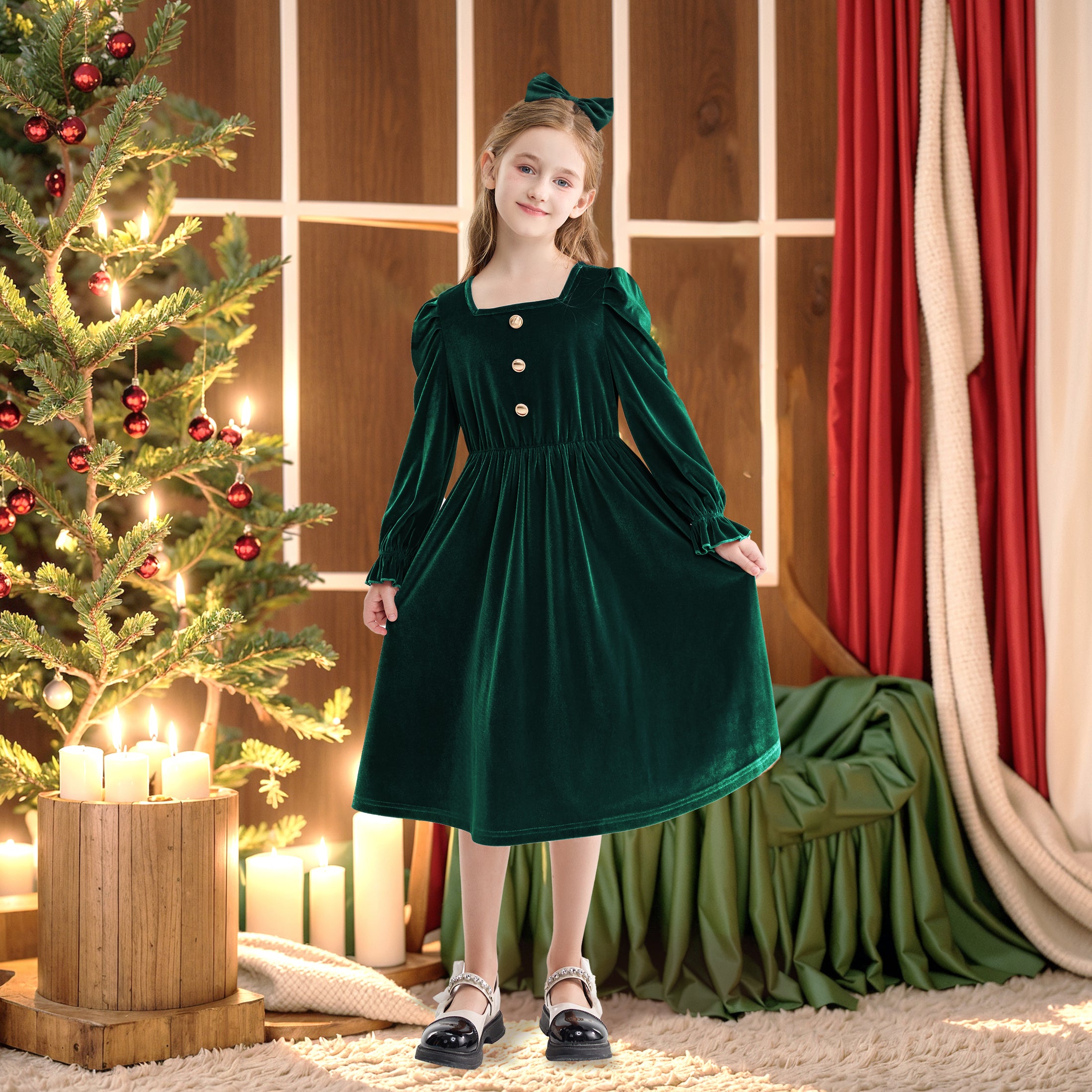 Rolanko Girls Velvet Dress Square Neck Long Sleeve Dress with Pockets