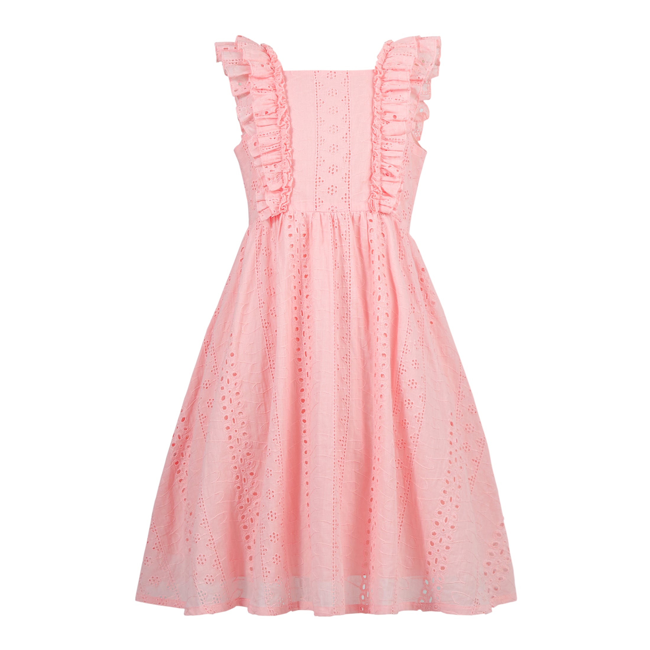 Rolanko Girls Ruffle Sleeve Square Neck Hollow Out Eyelet A Line Beach Vacation dress