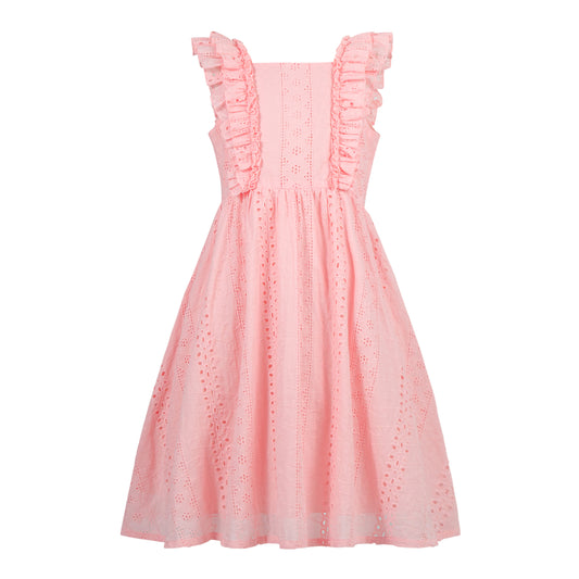 Rolanko Girls Ruffle Sleeve Square Neck Hollow Out Eyelet A Line Beach Vacation dress