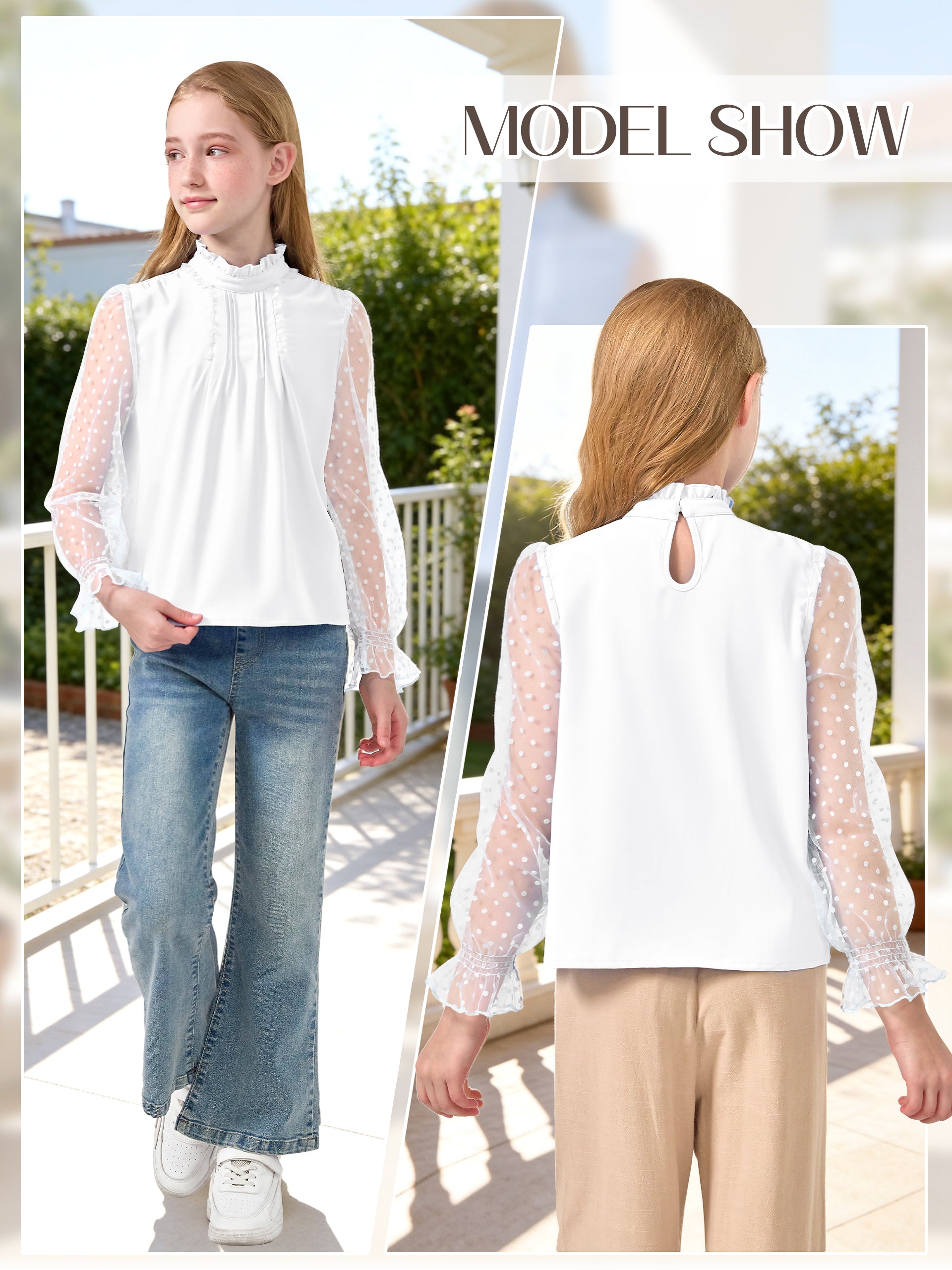Girls Long Sleeve Shirts Chiffon Blouses with Polka Dot