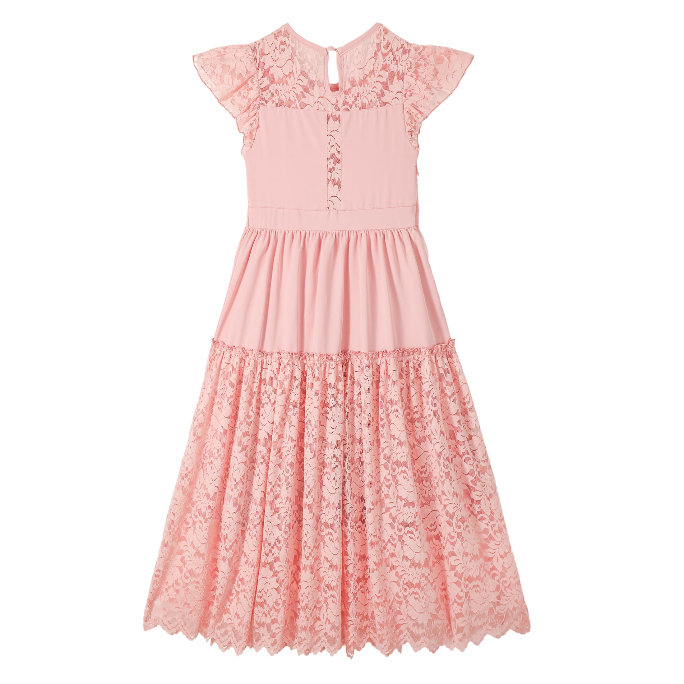 Rolanko Girls Boho Lace Ruffle Sleeve Tiered Flower Maxi Dress with Lining