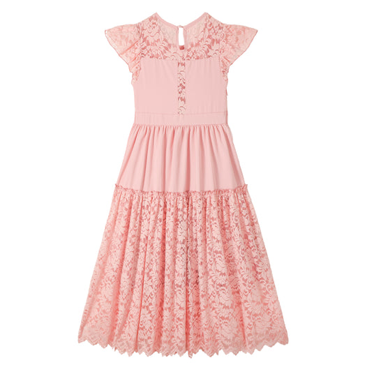 Rolanko Girls Boho Lace Ruffle Sleeve Tiered Flower Maxi Dress with Lining