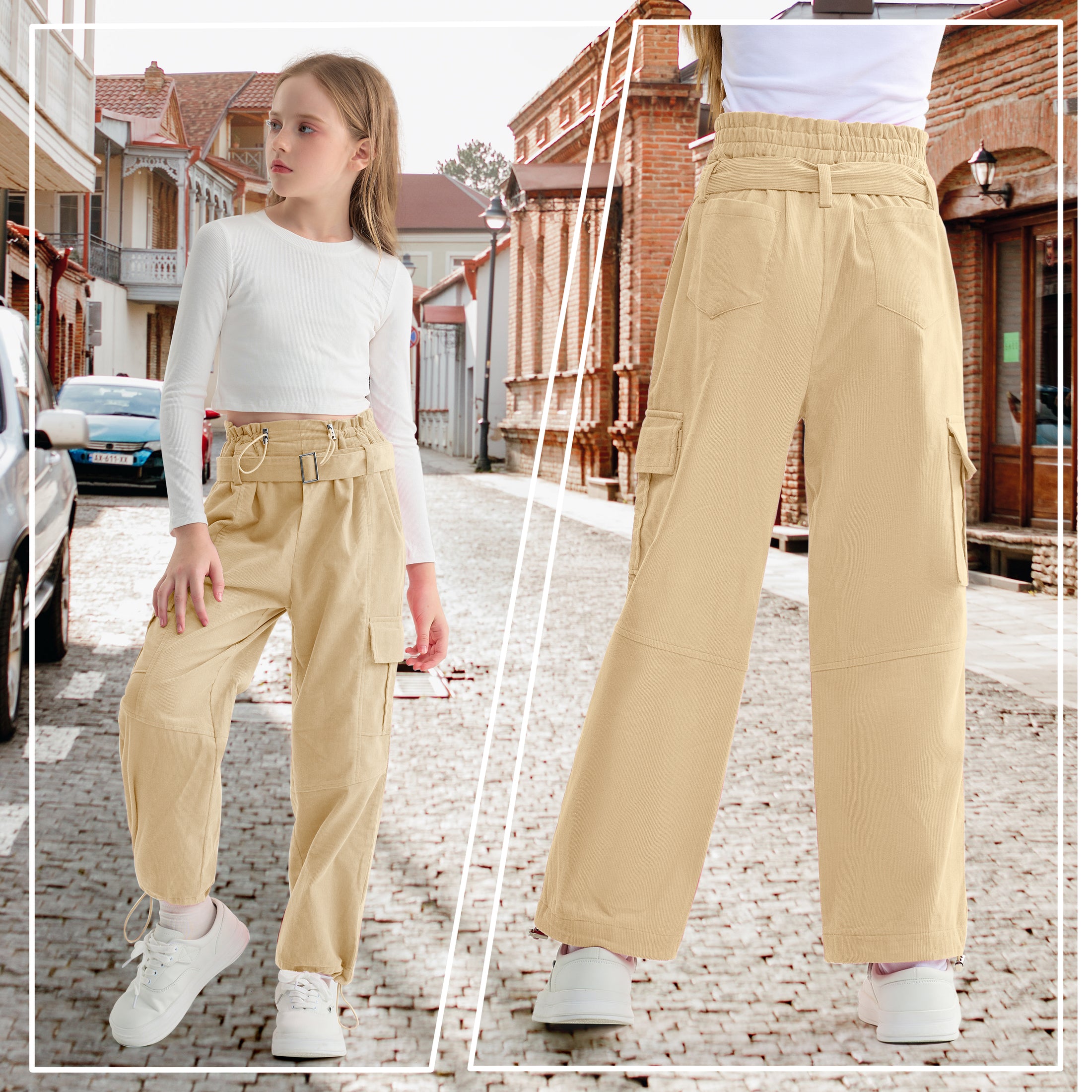 Girls Wide Leg Loose Cargo Pants with Belt