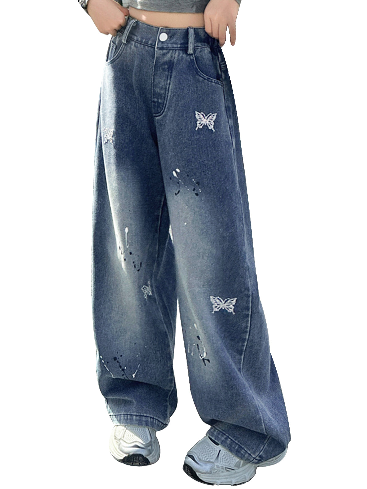 Girls Butterfly Print Loose Jeans