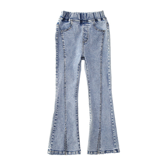 Pantaloni svasati in denim con spacco blu da ragazza 