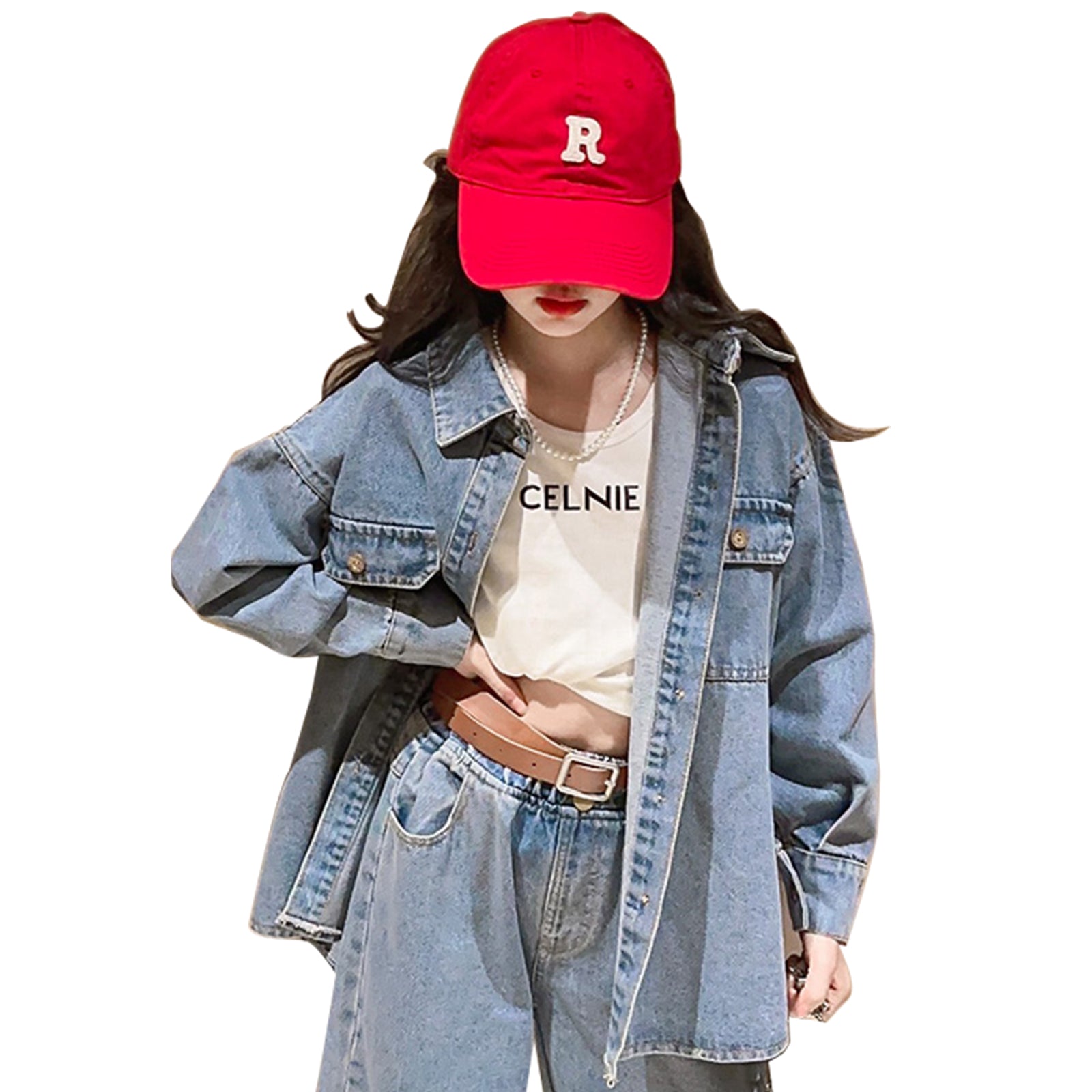 Girls Oversized Fall Denim Shirt with Pockets