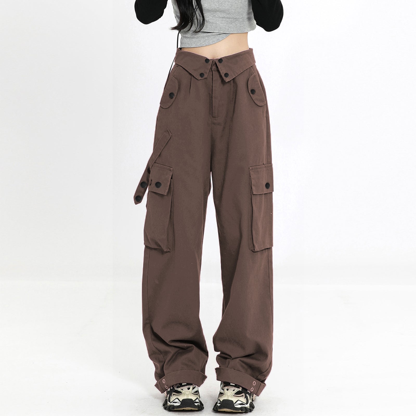 Girls Baggy Cargo High Rise Waist with Multi Pockets Wide Leg Cargos Pants