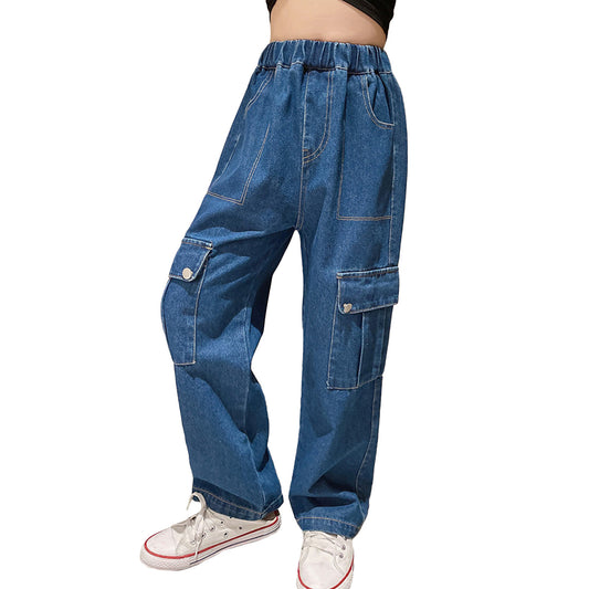 Girls Blue Denim Baggy Cargo Pants