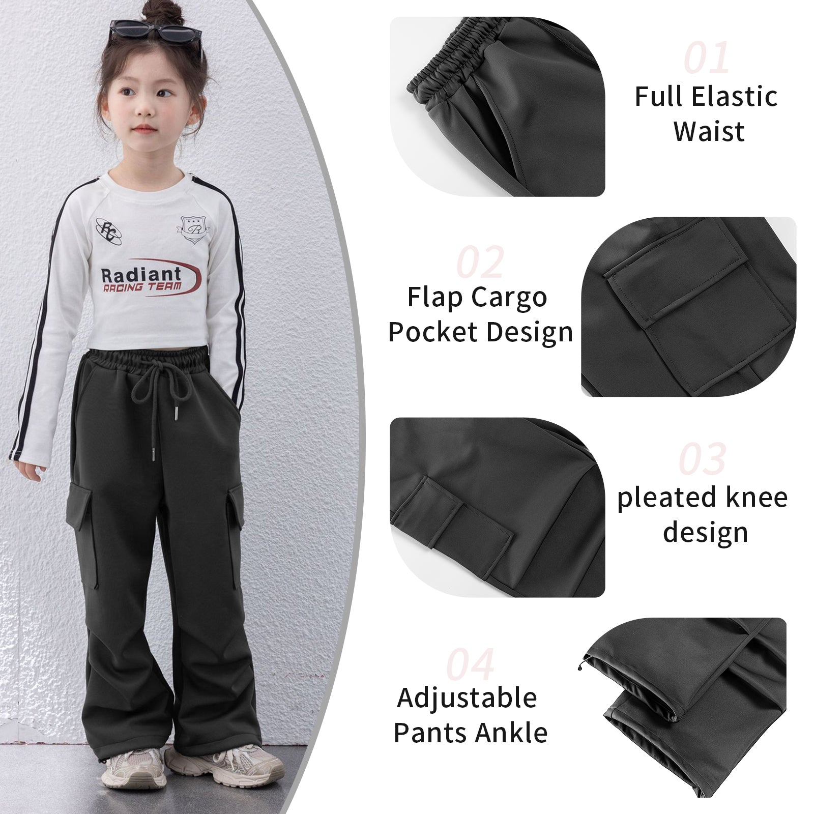 Girls Wide Leg Cargo Sweatpants with Pockets