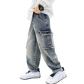 Load image into Gallery viewer, Boys Blue Raw Pocket Cargo Jeans
