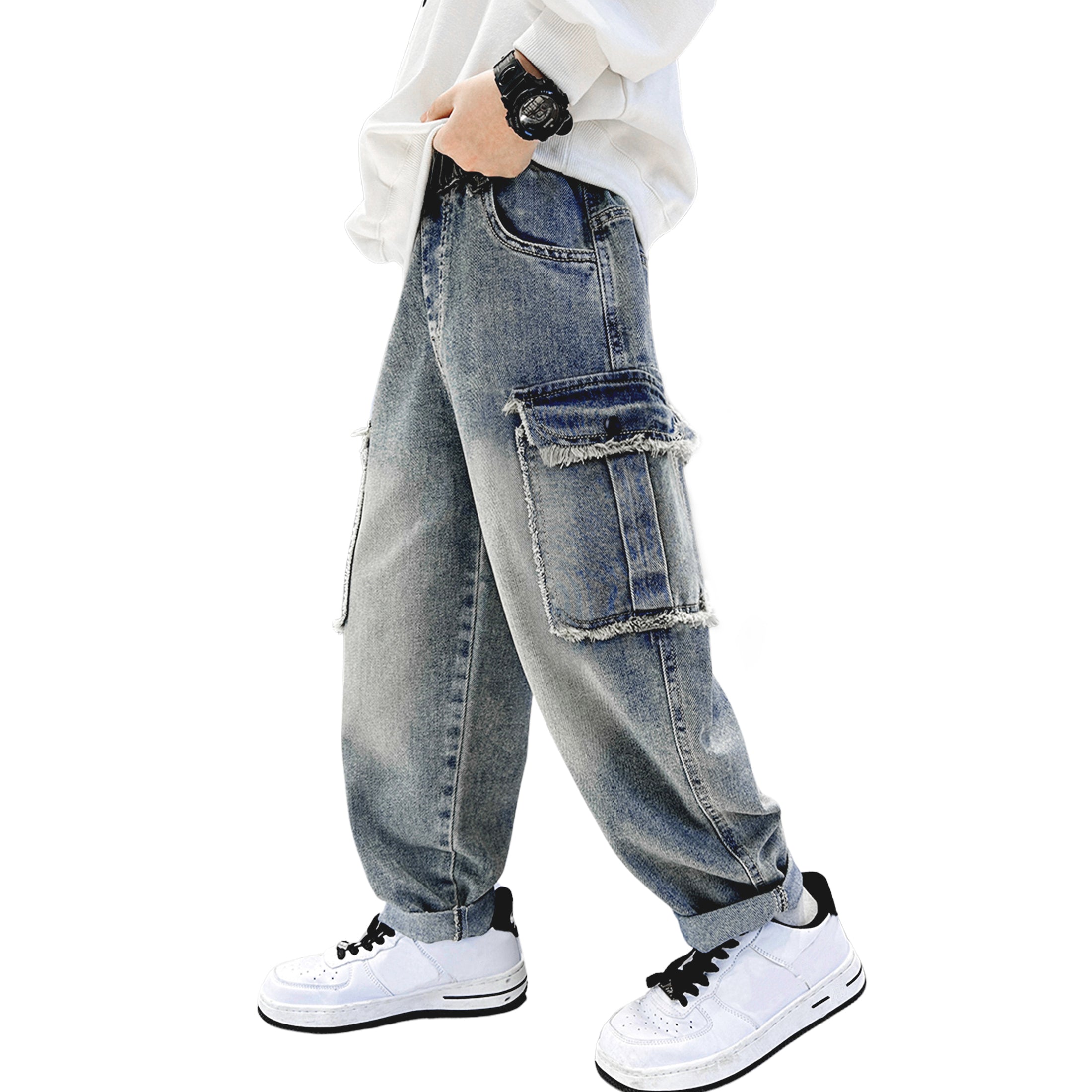 Boys Blue Raw Pocket Cargo Jeans