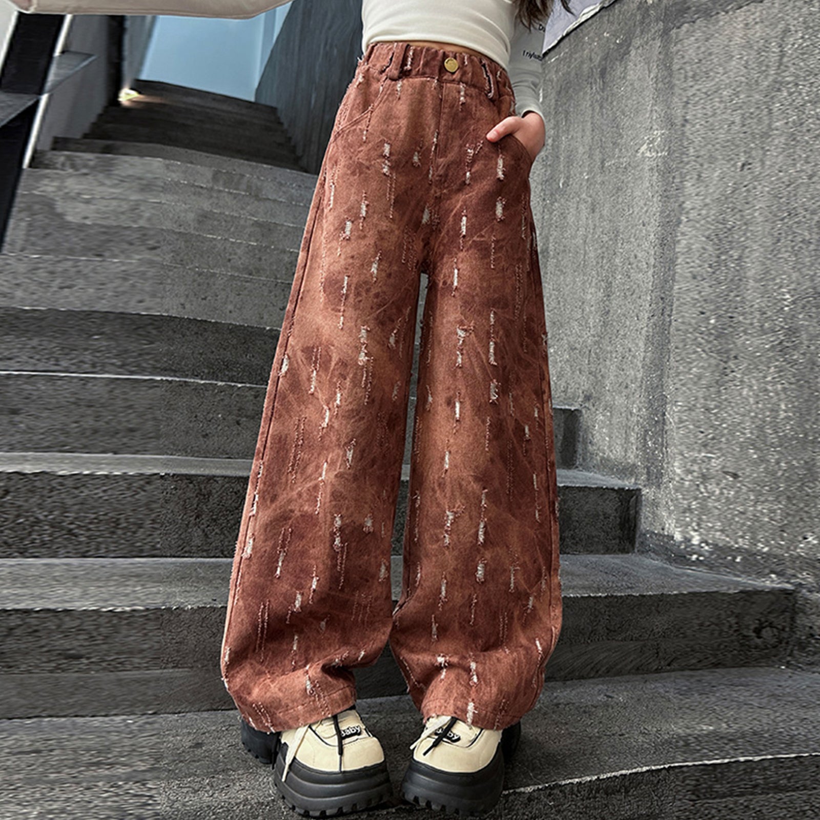 Girls red brown tie-dyed ripped jeans