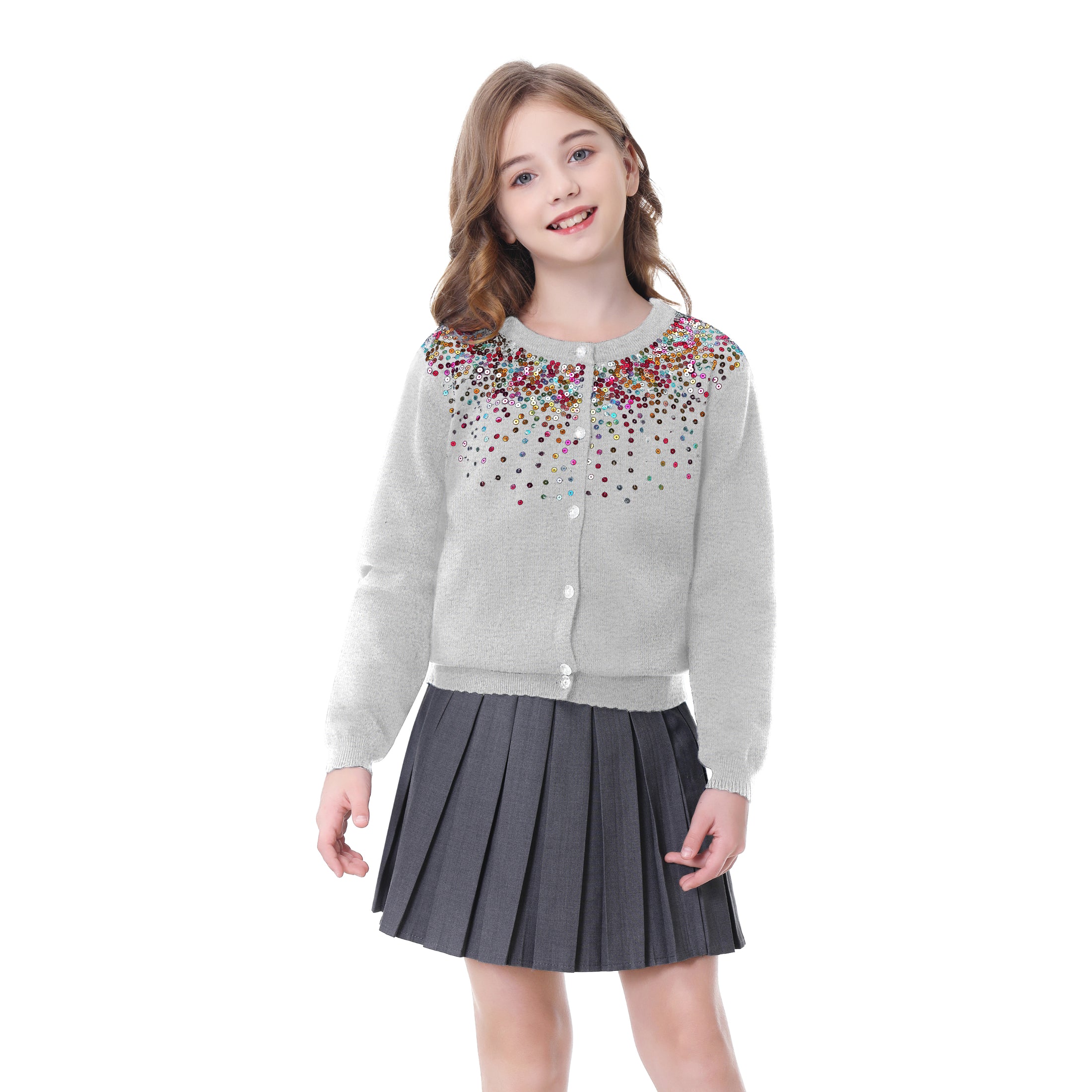 Girls Cardigan Sparkling Sequin Kids Knit Button Up Sweater Long Sleeve