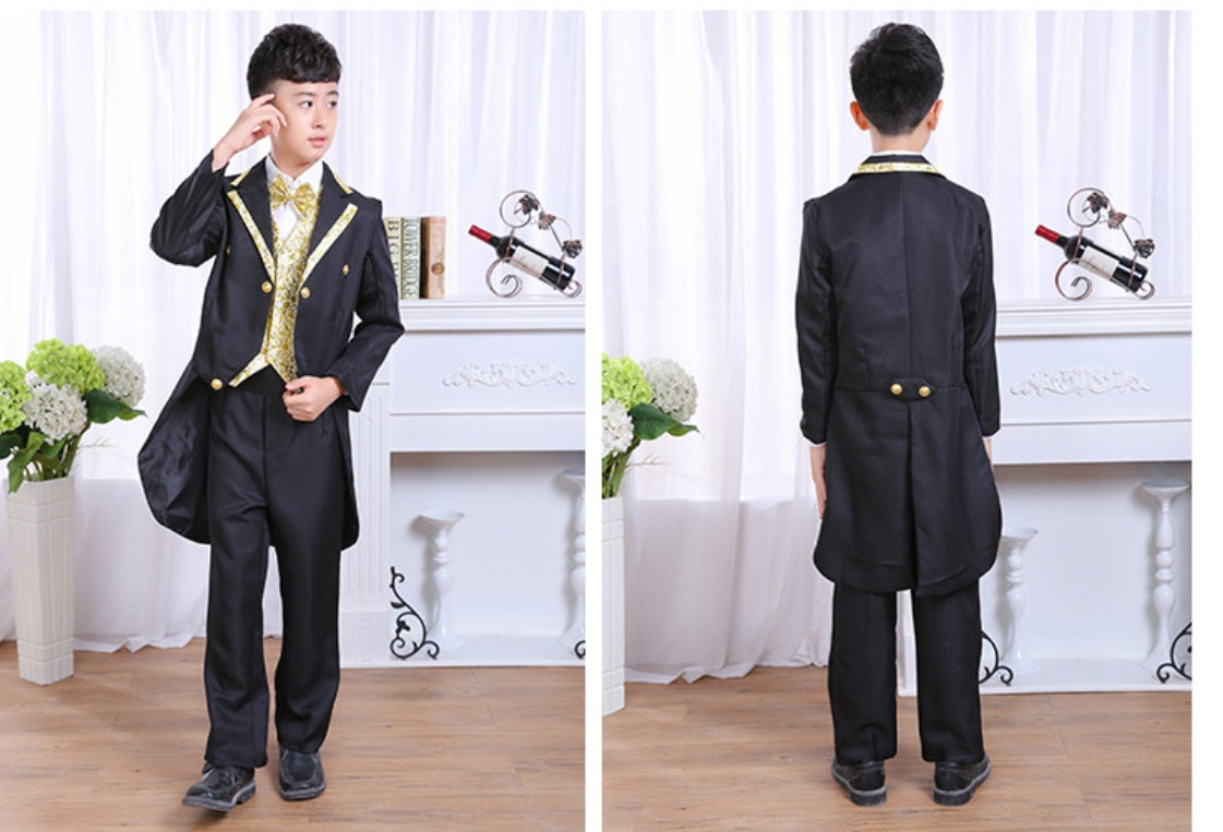 Rolanko 6 Piece Boys' Classic Tuxedo with Tail Formal Suits Wedding Ring Bearer Outfit Tailcoat Jacket, Vest, Pants, Shirt, Bowtie and Waistband